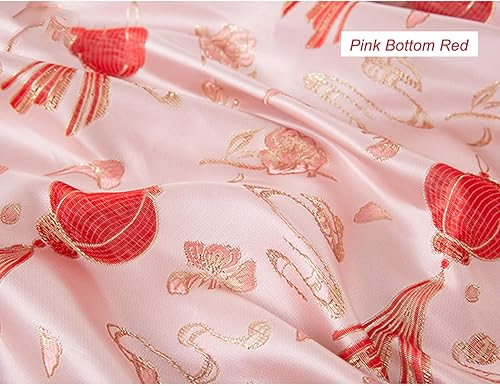 Miniatura 3 de BAWHO Besutiful Dyeing Jacquard Silk Satin Fabric Inelastic Cheongsam Style Pink Festive Red Lantern Pattern Golden Line Edge Cloth for Tang Suit