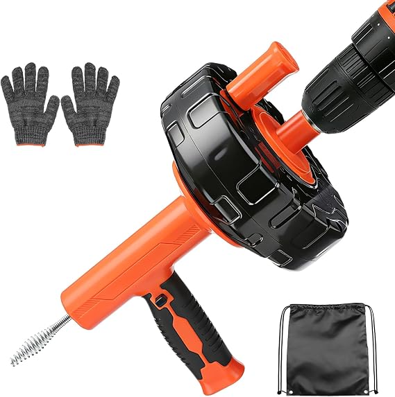 Auto-Feed Drain Snake Auger 25 ft with Drill Adapter, Plumbing Snake Drain Hair Removal Tool, Drain Auger Snake Hair Drain Clog Remover for Shower Kitchen Bathroom Sink, Come with Gloves