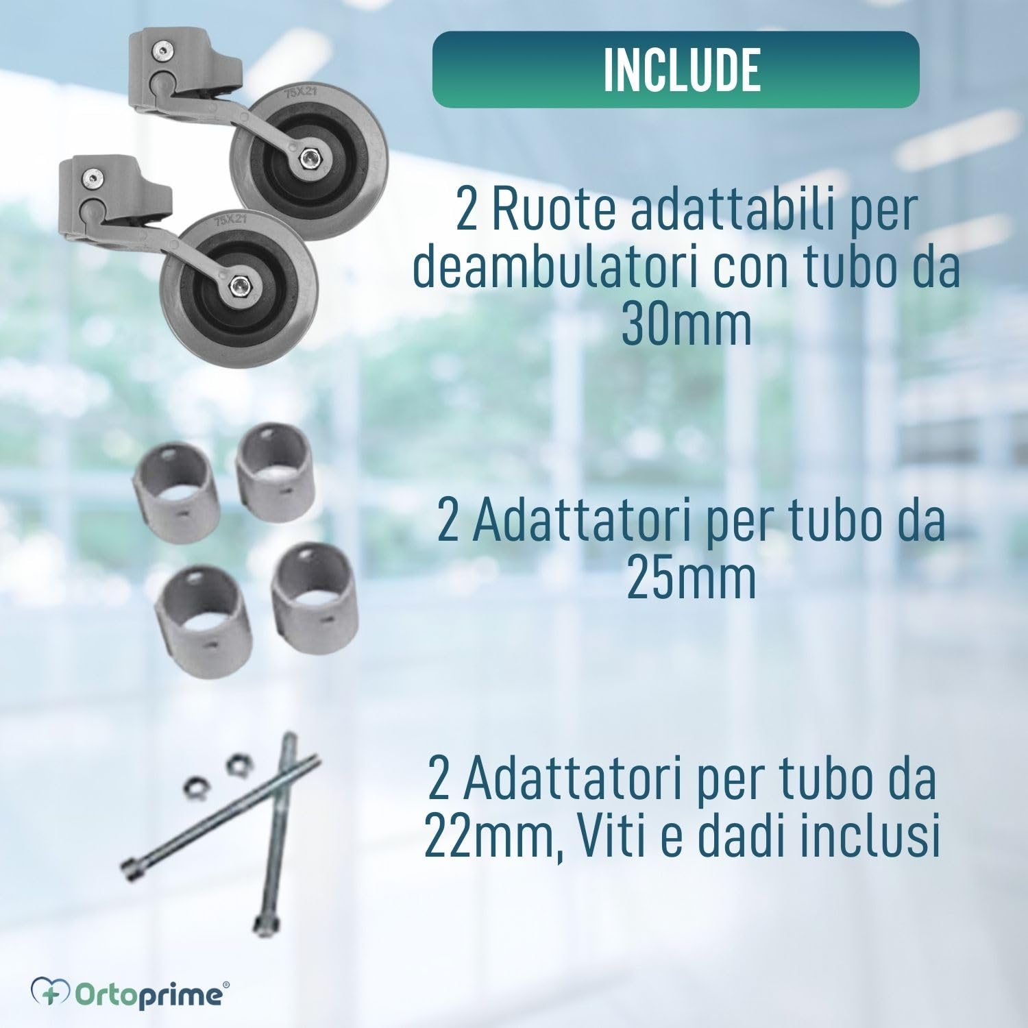 OrtoPrime ruote per carrello - ruote per deambulatore per Anziani - Ricambio Ruote Adattabili a Girello per Anziani - Ruote Deambulatore per tubi da 30 mm 25 mm e 22 mm - Facile Installazione.