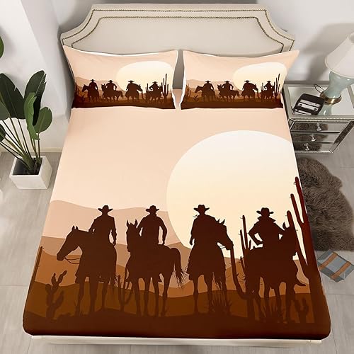 Miniatura 9 de Juego de sábanas de vaquero occidental, tamaño King, piel de vacuno, tablero de madera rústica con bolsillo profundo, 1 encimera y 2 fundas de