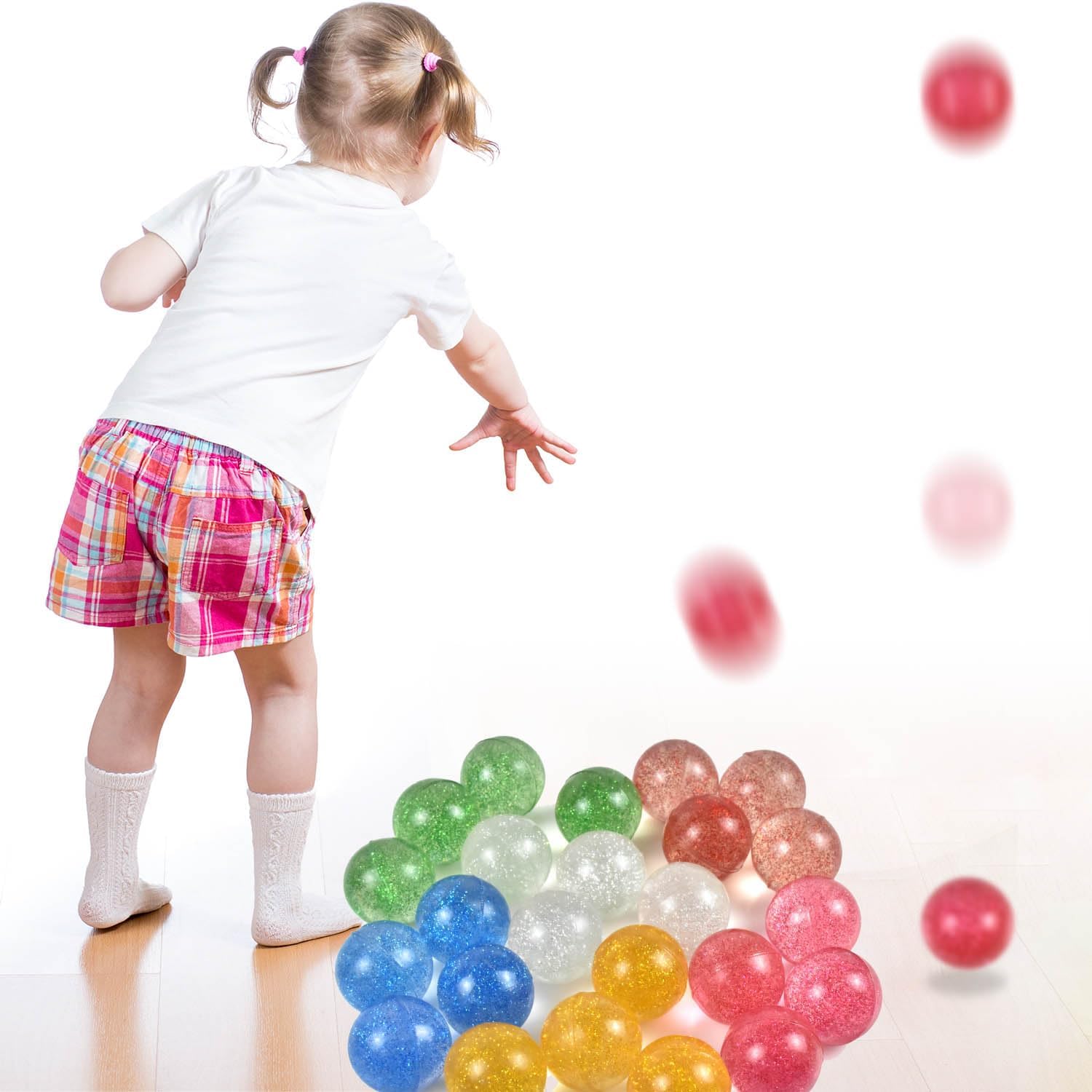 Tuko 24pcs 32MM Glitter Bouncy Ball Toys for Kids Party Favors, 4-8 Years Boy and Girls Indoor Team Playing Set