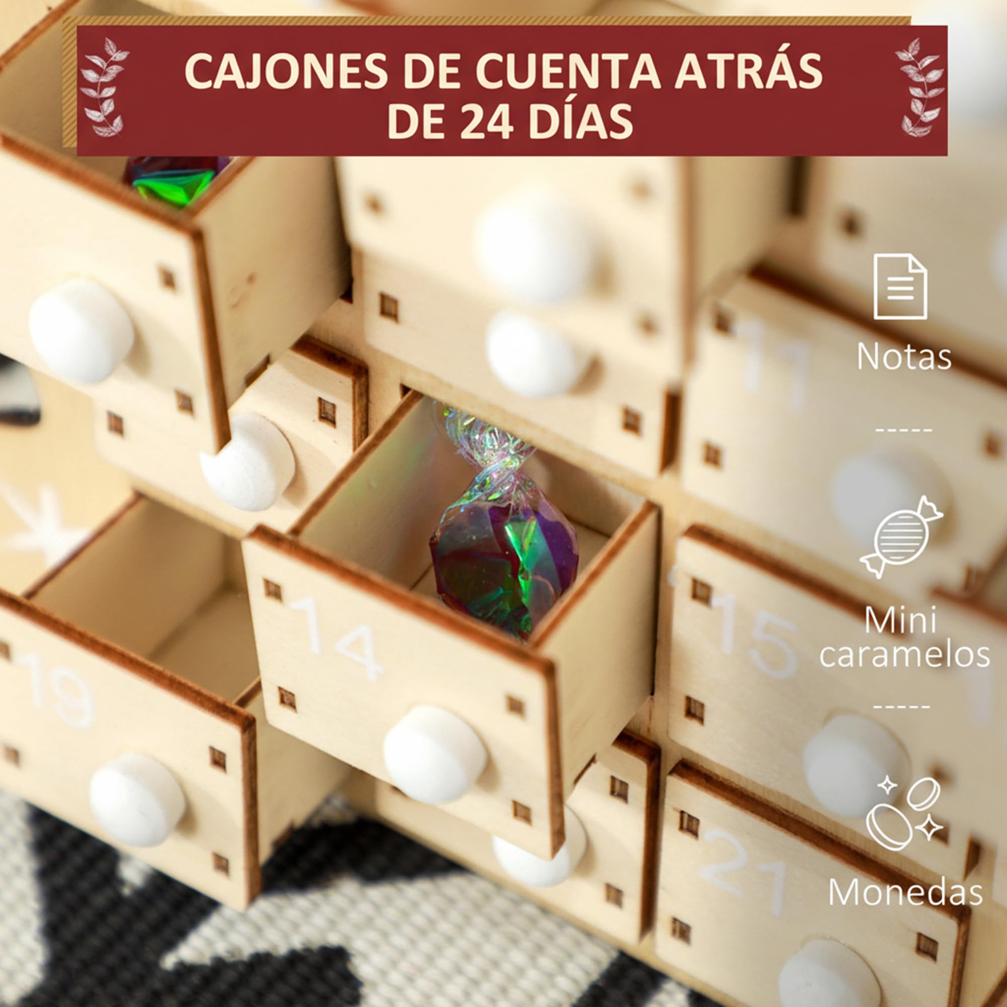 HOMCOM Calendario de Adviento de Madera con 24 Cajones 22,5x8x36cm Natural | Calendario de Adviento de Navidad Reutilizable, Decorado con Papá Noel en Trineo, Decoración Navideña para Rellenar