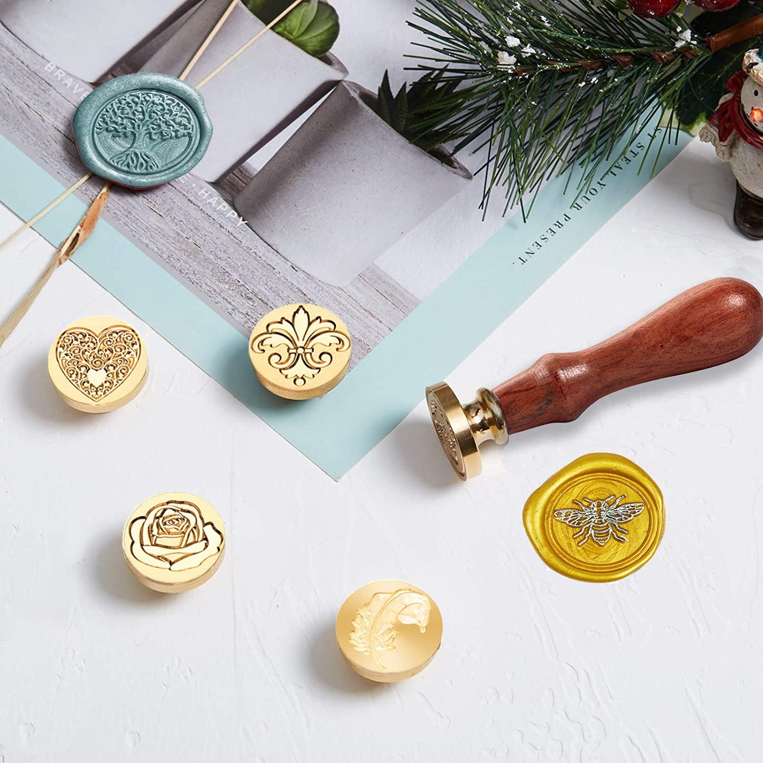 Wax Seal Stamp Set - 6 Pieces Copper Seals With Wooden Handle for Cards Envelopes, Invitations, Wine Packages (Classic Nostalgia) - Image 3