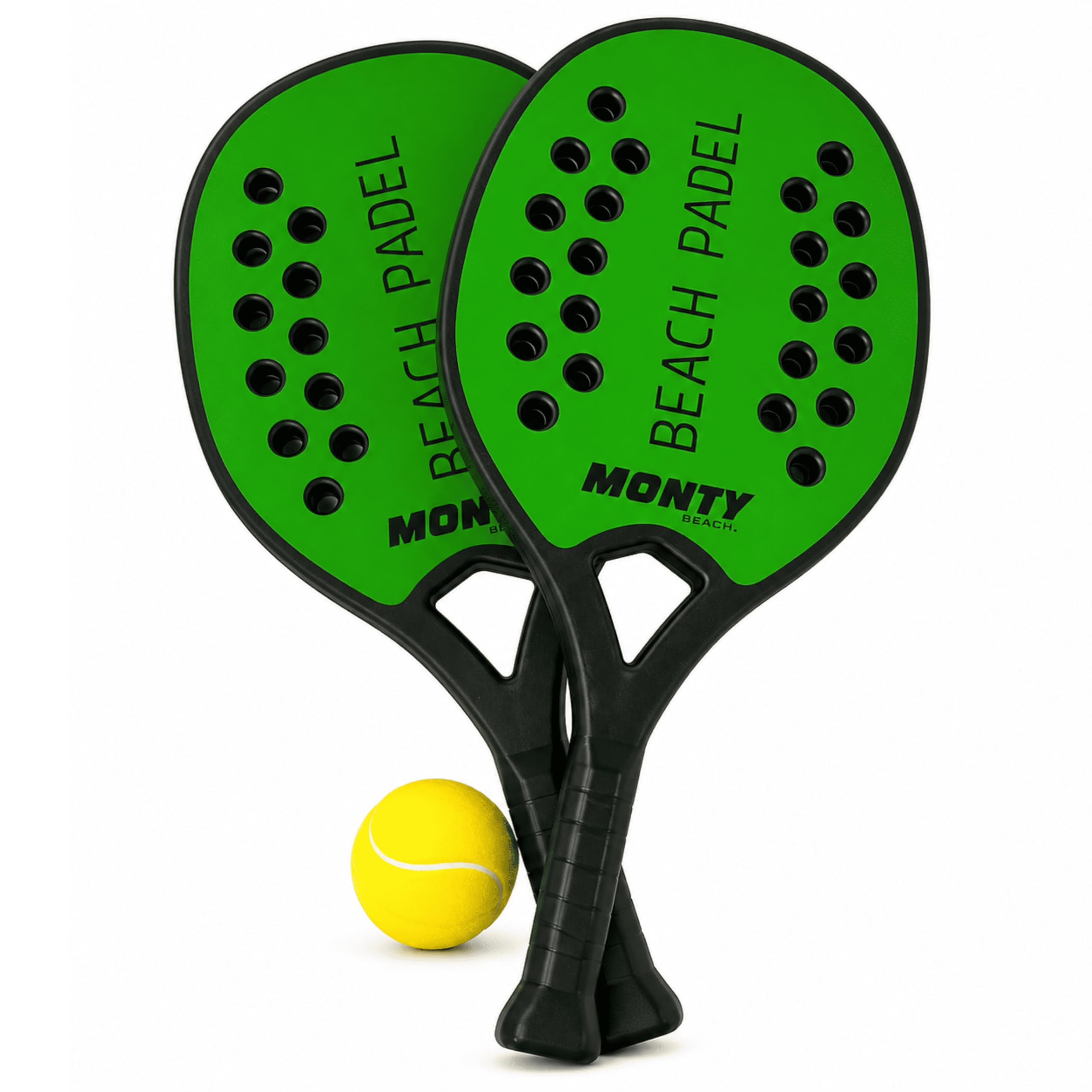 MUNTRADE Set de 2 Palas Beach Padel con Pelota Blanda Incluida | Raquetas Verdes de Playa Resistentes al Agua | Palas Beach Tennis para Niños y Adultos | Juego Exterior para Playa, Piscina y Jardín