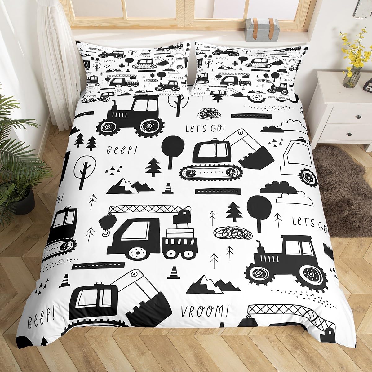 Loussiesd Construction Bedding Set Junior/Cot Bed Size Equipment Trucks Duvet Cover for Kids Boys Girls Decor Cartoon Car Excavator Tractor Black White Bedroom