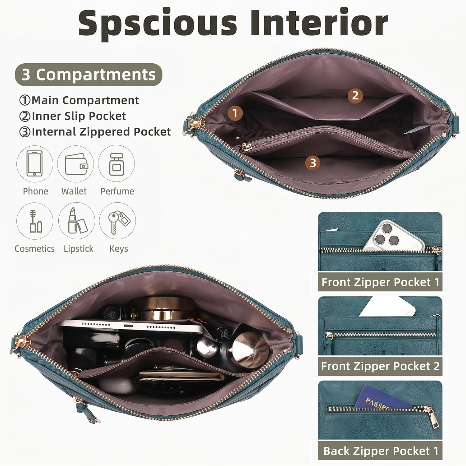 APHISON Faux Leather Crossbody Bags for Women, Multi Pocket Medium Shoulder Purse with Adjustable Wide Guitar Strap