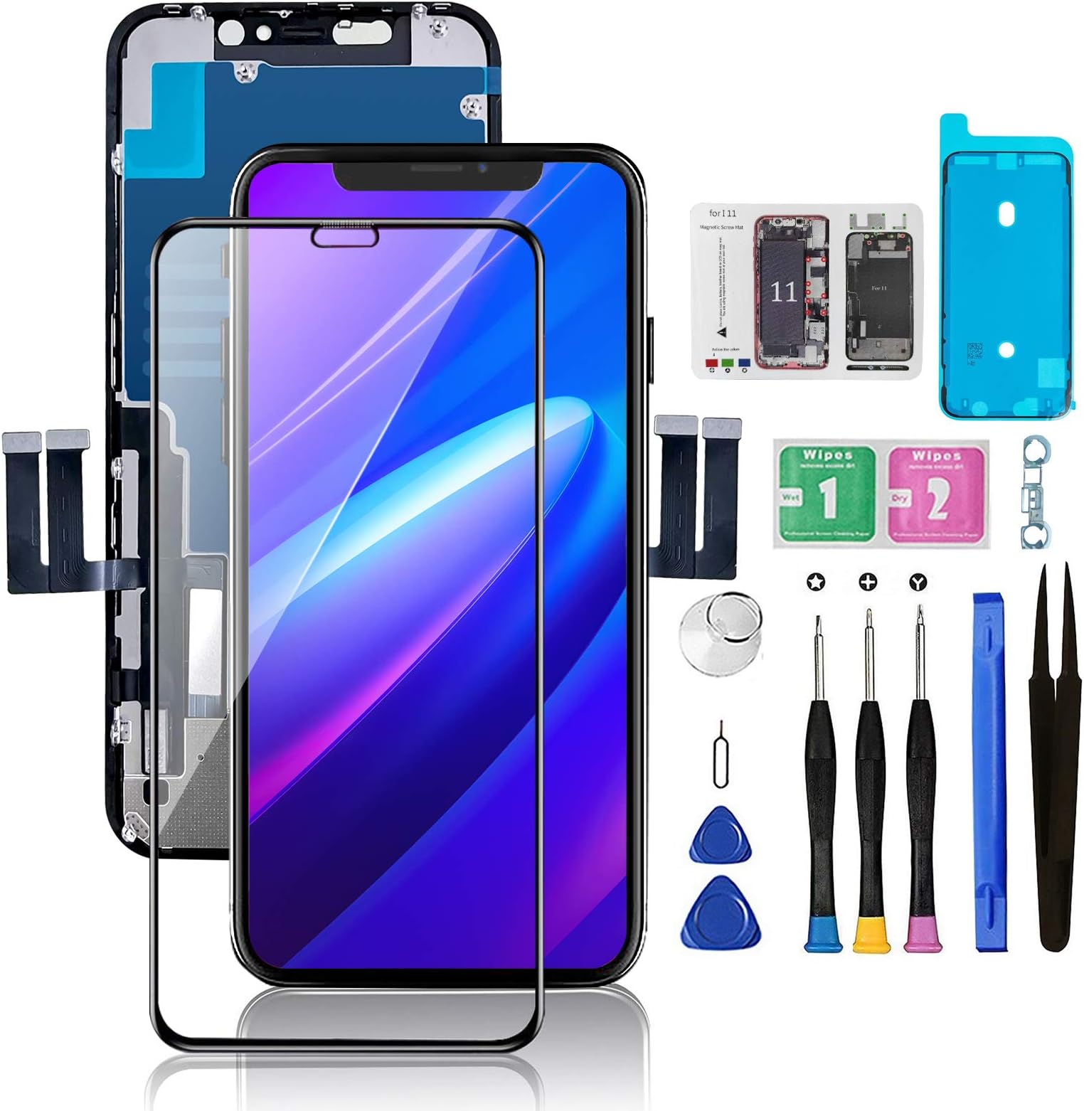 Bsz4uov for iPhone 11 Screen Replacement 6.1 3D Touch Screen LCD Display Digitizer for A2111, A2223, A2221 Cell Phone Repair Kits+ Waterproof Frame Adhesive Sticker+Screen Tempered Protector+Face ID