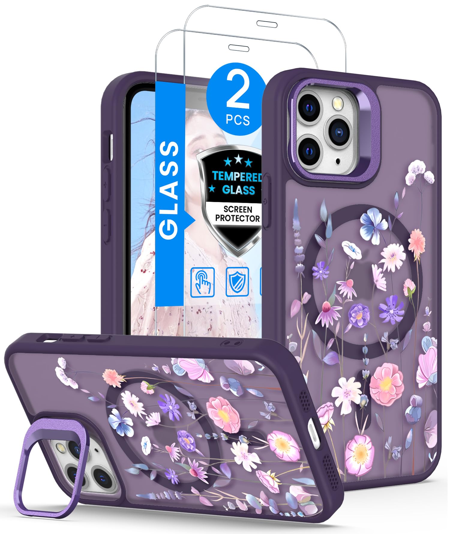 Dretal Magnetic for iPhone 11 Pro Case Floral,Screen Protector,Built-in Lens Ring Stand,Military-Grade Protection,Translucent Matte Magnetic