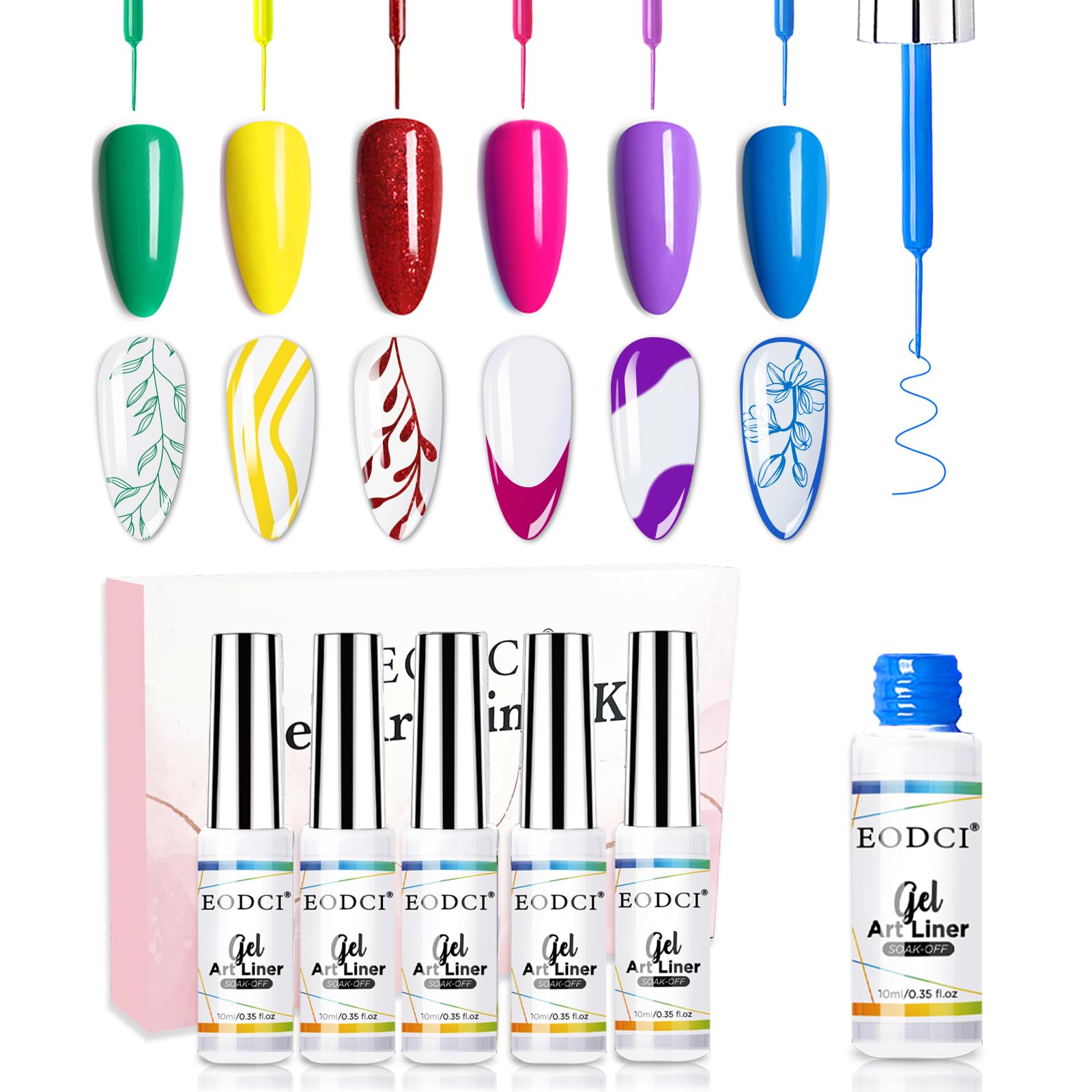eodci Nail Art Liner Set 6 Pcs Neon Green Blue Hot Pink Yellow Glitters Colors Paint Swirl Built Thin Brush in Bottle Soak off Led Lamp Gel Liner Nail