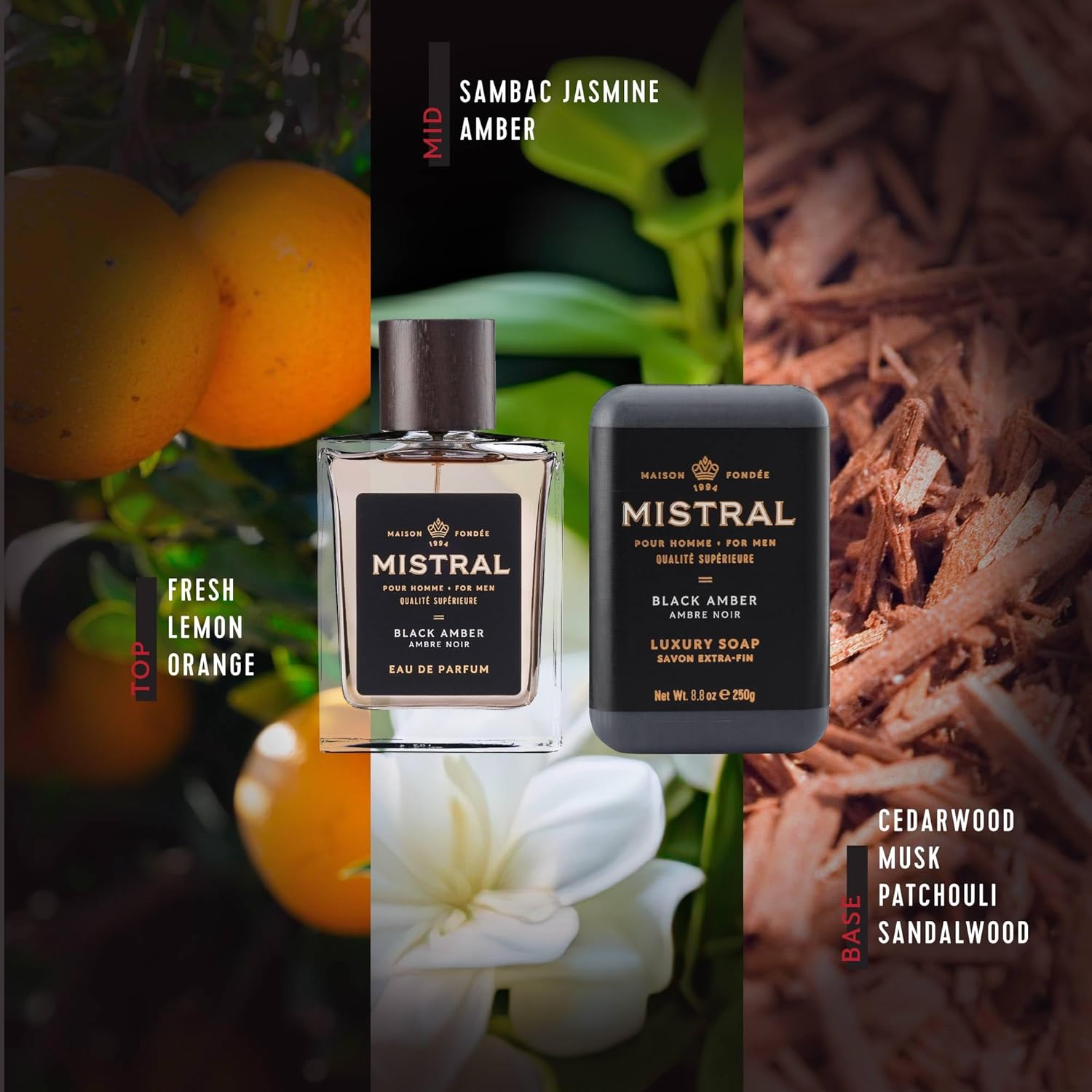 Mistral Black Amber Men's Gift Set | Eau de Parfum 3.3oz Cologne Spray & 8.8oz Triple Milled Soap | Amber, Patchouli, Citrus & Warm Woods Scent | Premium Men's Grooming Gift Set - Made in France