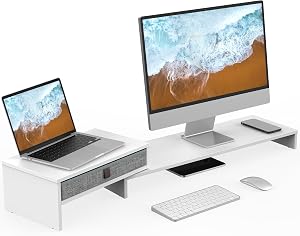 FENGE Dual Monitor Stand with Drawer Computer Monitor Stand Riser Adjustable Length and Angle, Wood Monitor Stands for 2 Monitors, Laptop PC, Computer, Printer, Office Desk Organizer White