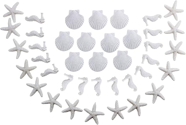 LJY 40 Pieces White Resin Pencil Finger Starfish Seahorse & Seashells Set for Wedding Home Decor and Craft Project