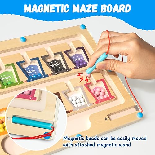 Miniatura 5 de HOMEE Laberinto magnético de color y números, tabla de rompecabezas de madera para clasificar colores a juego, juguete educativo preescolar para