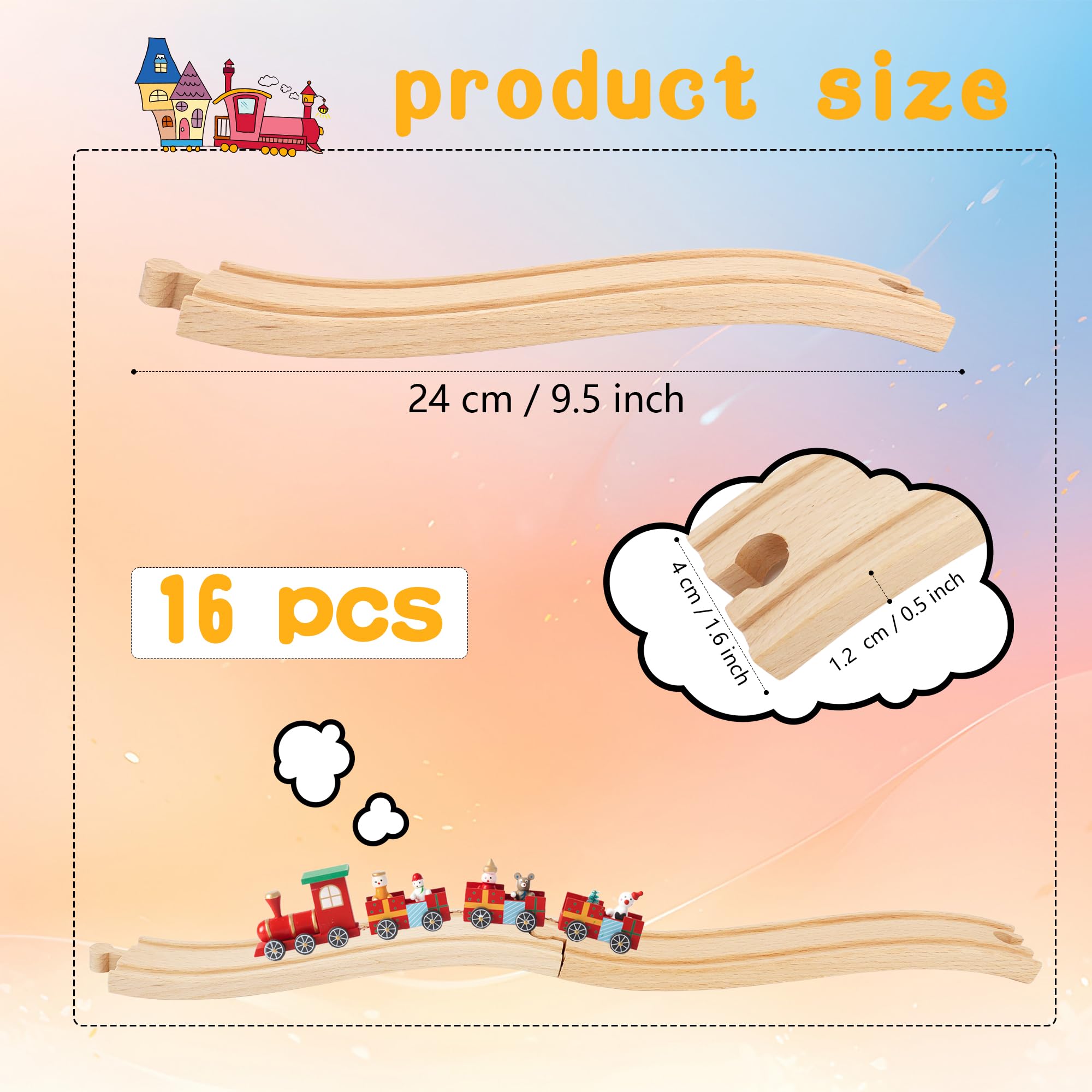 16 Pack Wooden Train Ascending Descending Tracks Wood Track Pieces Hardwood Train Track Expansion Packs Compatible with All Major Wooden Railways