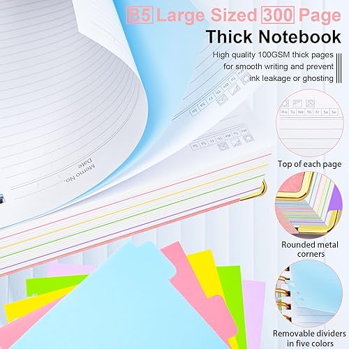 Miniatura 4 de Cuaderno de espiral con tapa dura, de 8 x 10 pulgadas, separadores y divisores extraíbles, 300 páginas, 5 asignaturas, a rayas, de piel sintética,