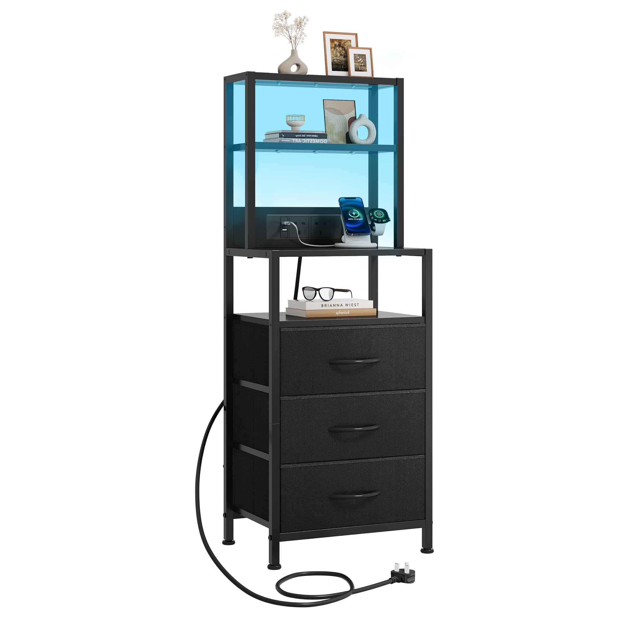 WLIVE Black Bedside Table with Charging Station and LED Lights, Bedside Cabinet with 3 Drawers, Tall Nightstand for Bedroom, Living Room, Office, Black