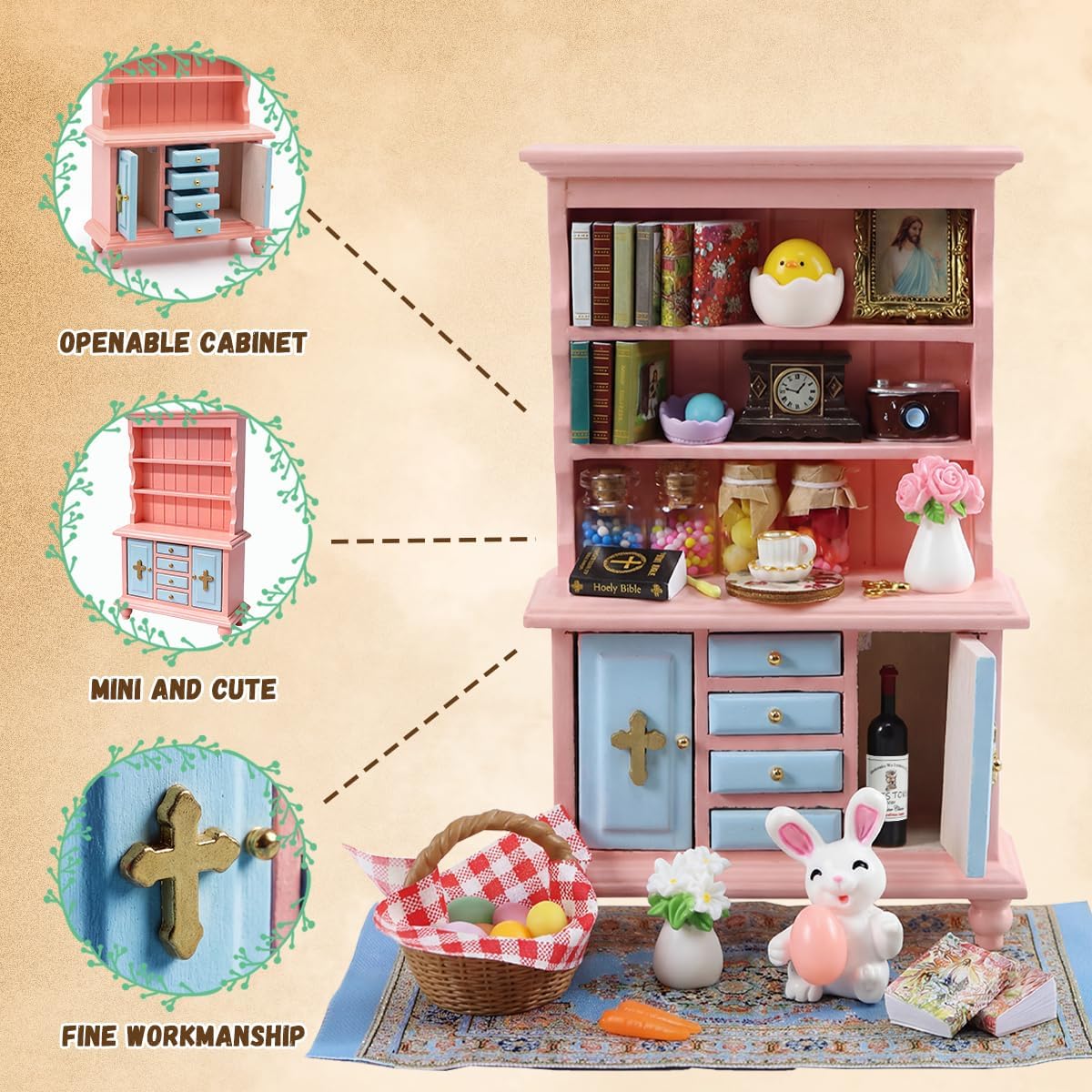 Vintage Springtime Hutch Set - 40 Pcs Dollhouse Miniatures 1/12 Scale Accessories, Wooden Bookshelf with Books, Flowers&Rabbits, Easter Eggs Decorations Mini Furniture Gifts for Kids