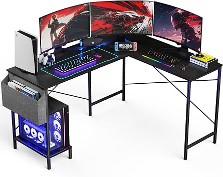 L Shaped Desk - 50 Reversible Home Office Computer Desk, Wood Top, Metal Frame, Side Bag, Sturdy Gaming Desk Corner Table for Work, Writing and Study, Space-Saving