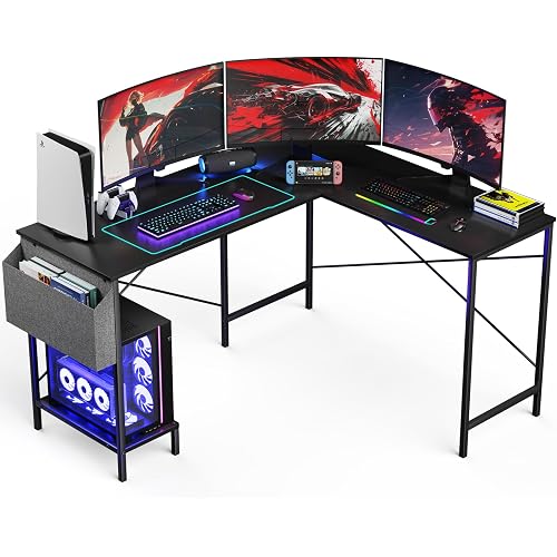 L Shaped Desk - 50" Reversible Home Office Computer Desk, Wood Top, Metal Frame, Side Bag, Sturdy Gaming Desk Corner Table for Work, Writing and Study, Space-Saving