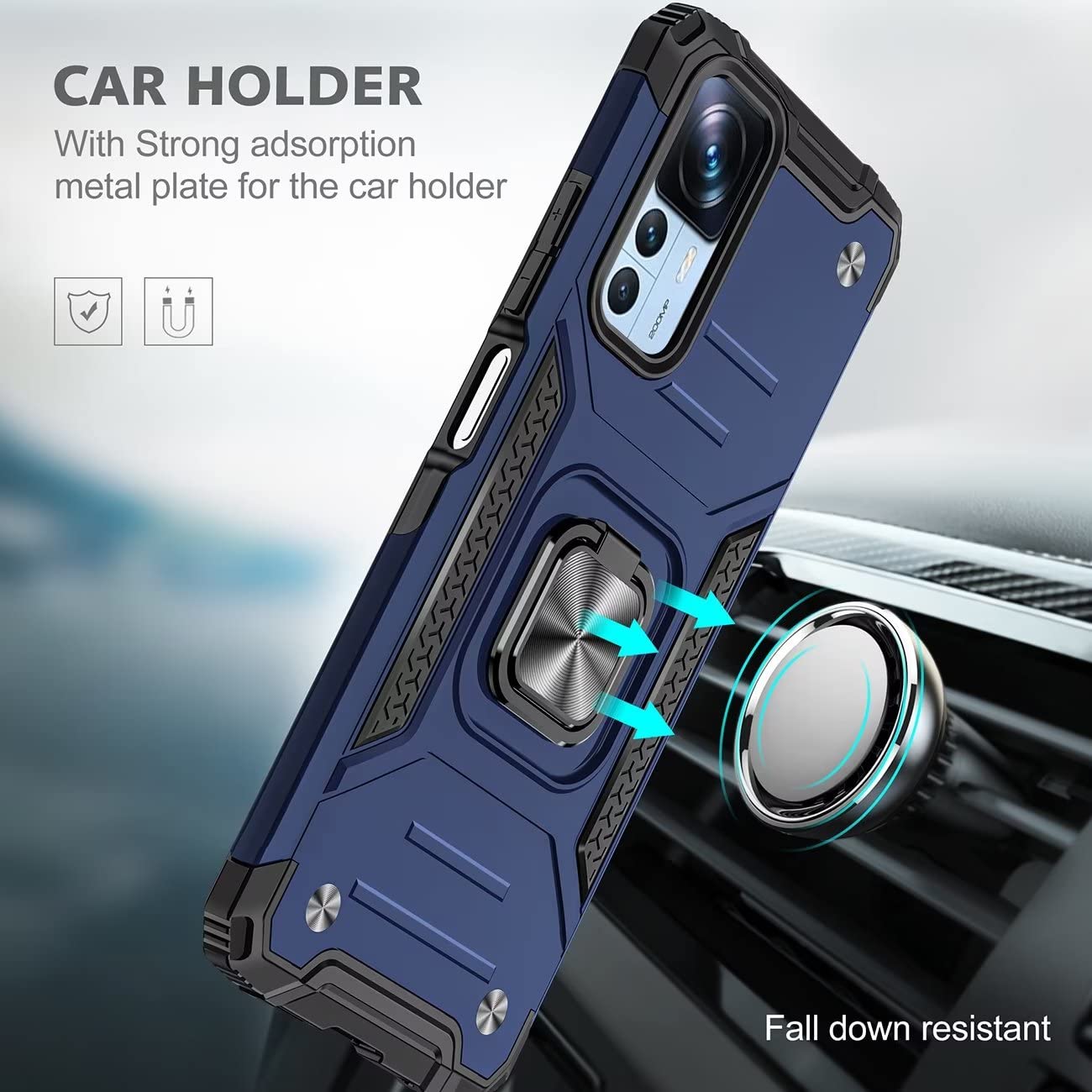 GOKEN Cover Con Anello Girevole 360° Per Xiaomi Mi 12T Pro, Custodia In Silicone TPU Morbido + 2 Pellicole Vetro Temperato, Blu