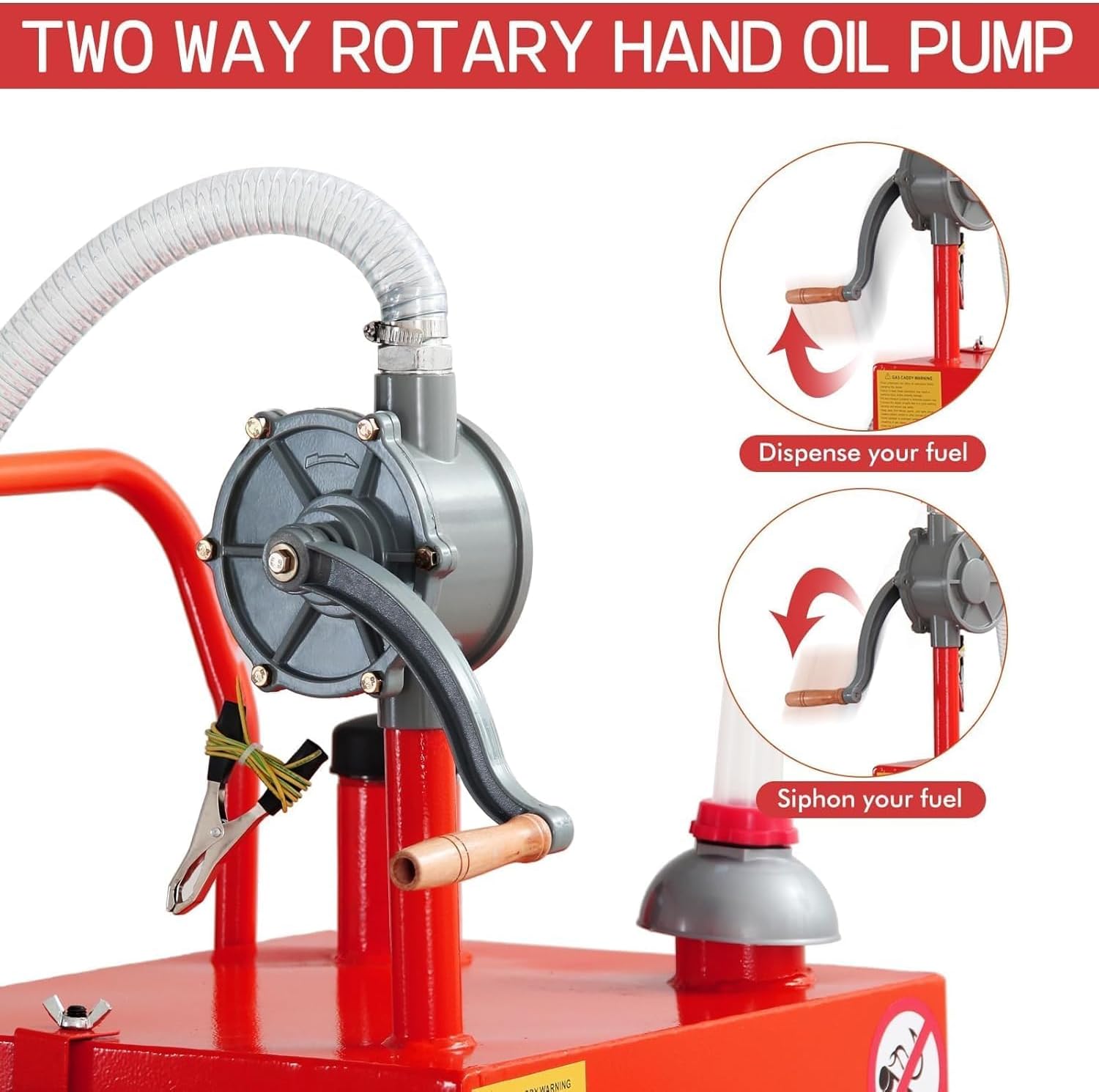 45 Gallon Portable Fuel Caddy with Reversible Rotary Hand Pump - Heavy-Duty Gasoline/Diesel Storage Tank with 4 All-Terrain Flat-Free Rubber Wheels, Ideal for Cars, Boats, Lawn Mowers, ATVs - Red