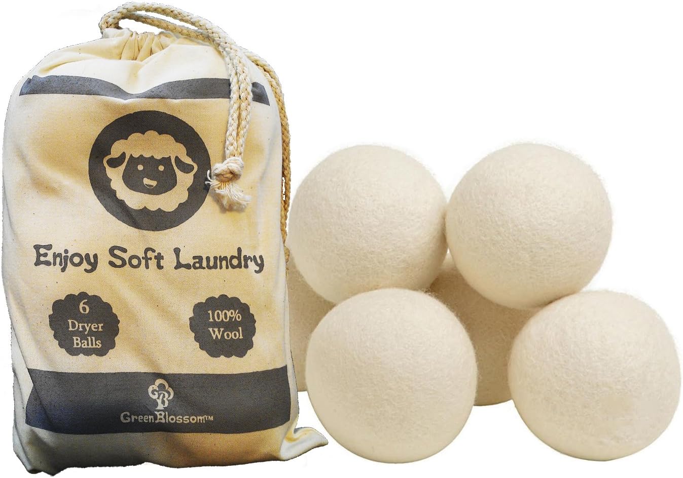 Green Blossom 100% Organic Wool Dryer Balls, Reusable Natural Fabric Softener - 6-Pack