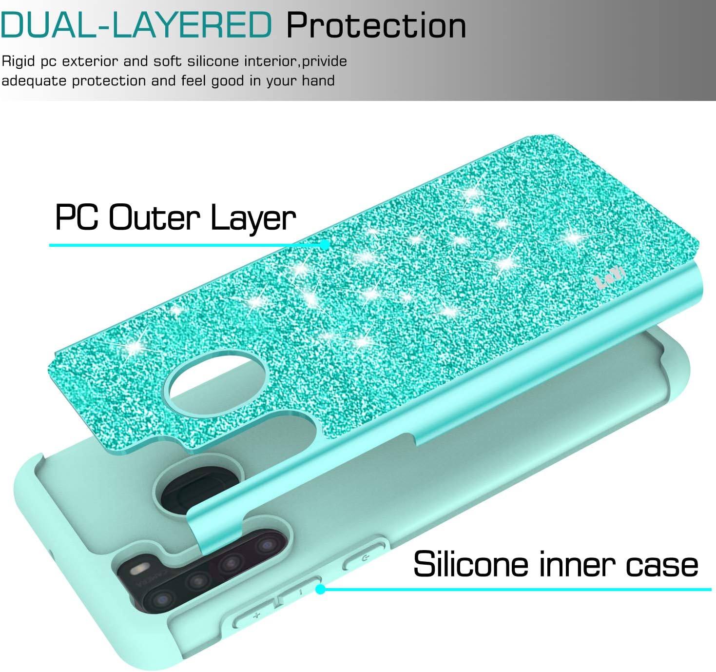 LeYi Compatible with Samsung Galaxy A21 Case with Tempered Glass Screen Protector [2 Pack] for Girls Women, Glitter Bling Sparkle Dual Layer Heavy Duty Phone Cover Cases for Samsung A21, Mint