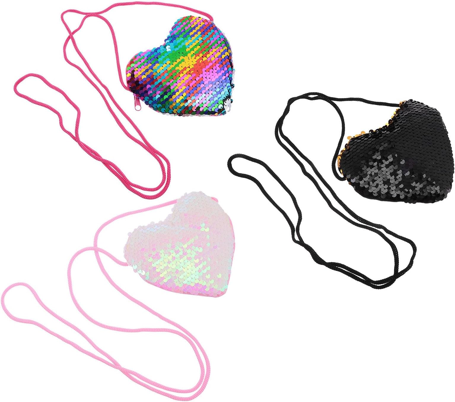 3pcs Heart Shape Coin Purse Set with Chic Sequin Design, Portable Small Wallets with Long Strap for Women, Stylish and Trendy Pouches Suitable for Travel and Daily Use Random Color