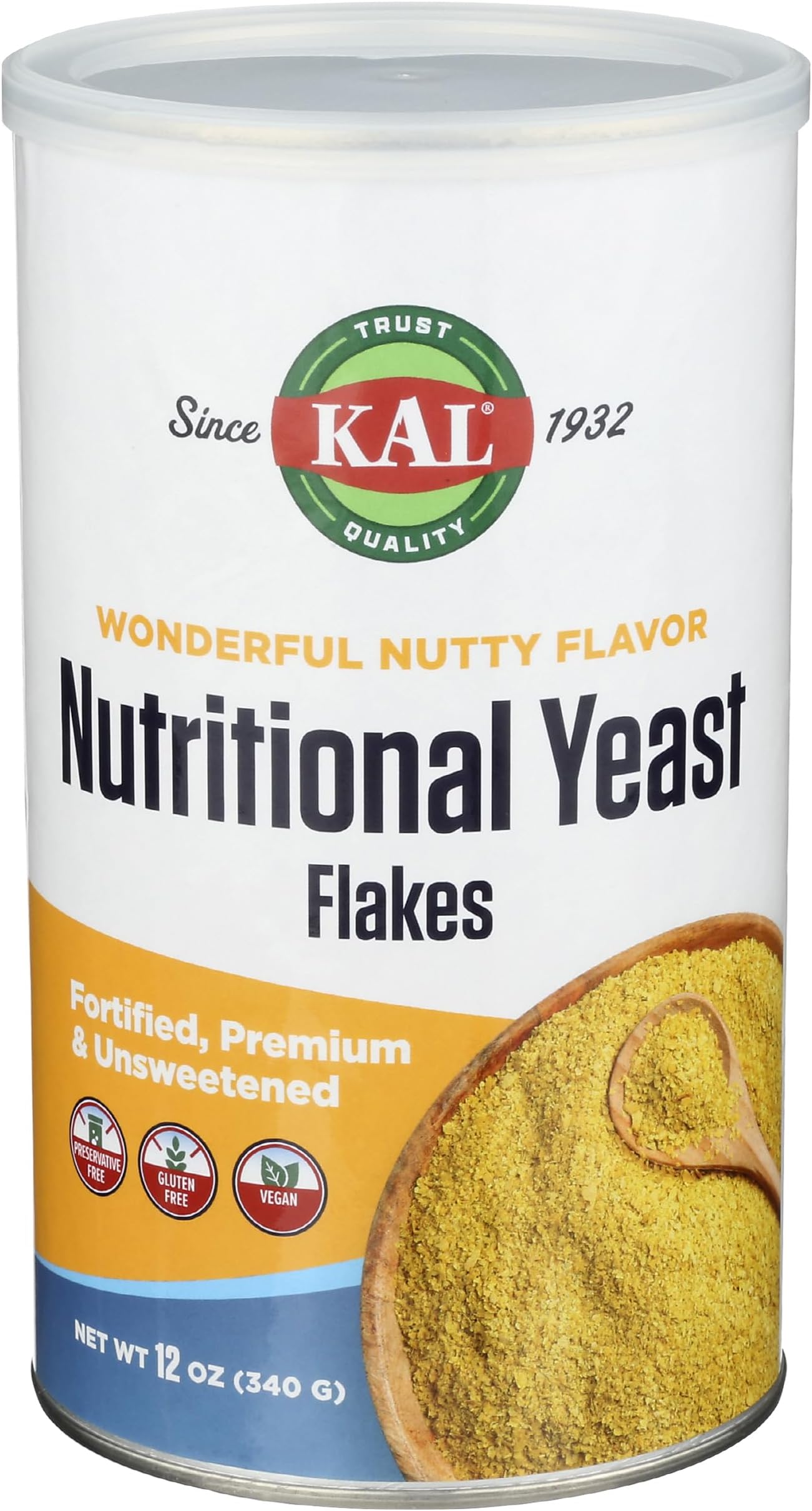 KAL Nutritional Yeast Flakes, Fortified with B12, Folic Acid & Other B Vitamins, Unsweetened, Great Nutty Flavor, Vegan & Gluten Free, 60-Day Money Back Guarantee, Made in the USA, 34 Servings, 12oz