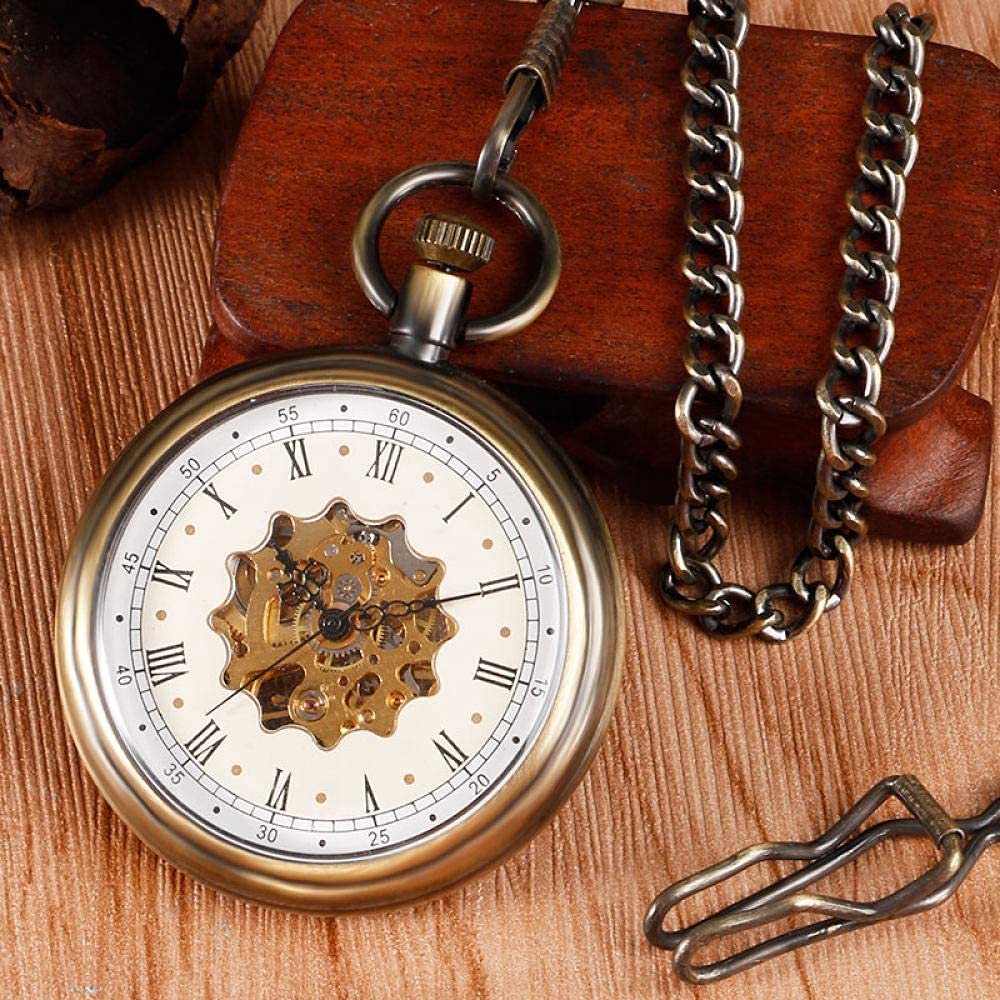 Orologio da Tasca, Orologio da Steampunk BronzePocket, Mano Meccanica Avvolgimento di Skeleton FOB Orologio con Catena Tasca Unisex Regali di Natale