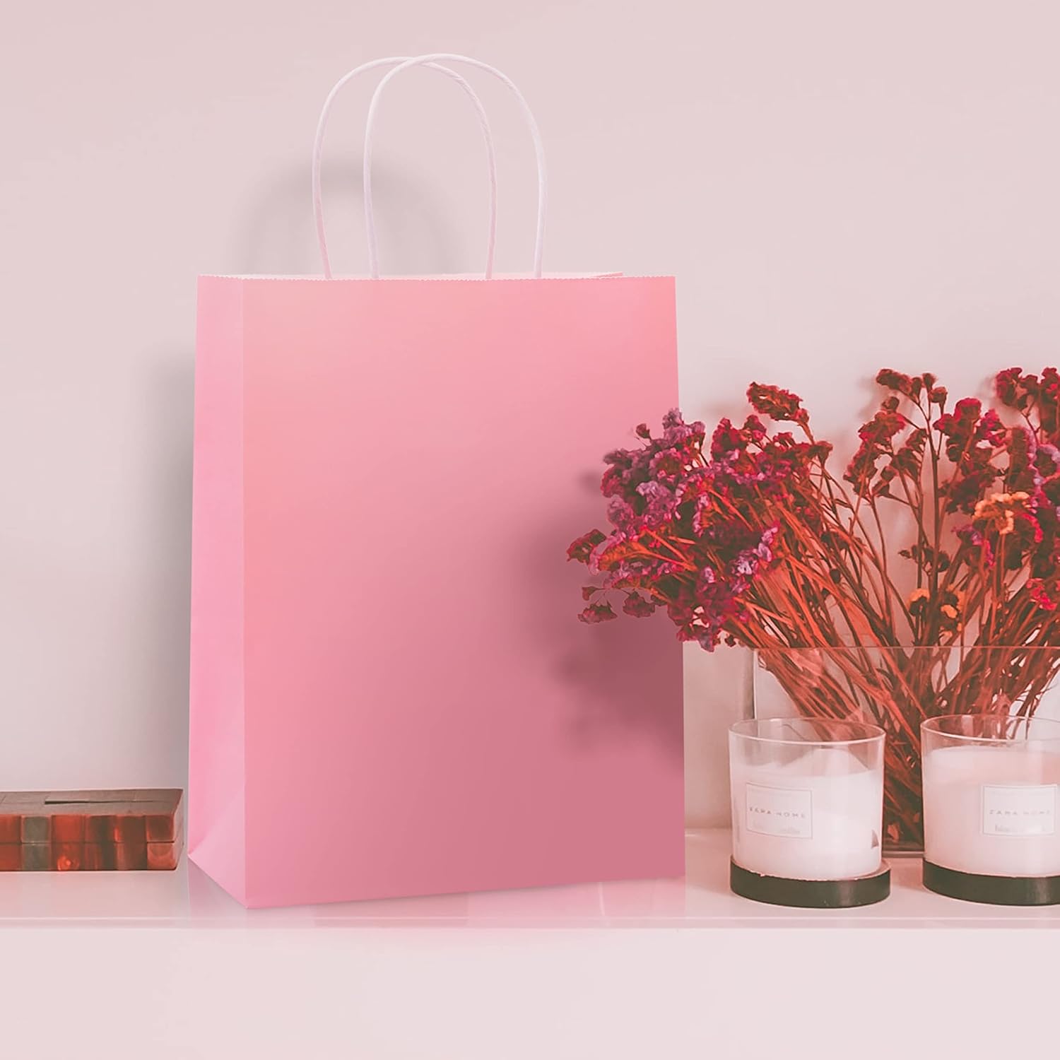 Nexmint Pink Gift Bag 8"x10.5": 120 Pack Bulk Medium Kraft Paper Bags with Handle. Great for Birthdays,Baby Shower,Gifts,Gender Reveal,Party Favors,Treats,Goodies,Shopping,Business,Retail,Bakery