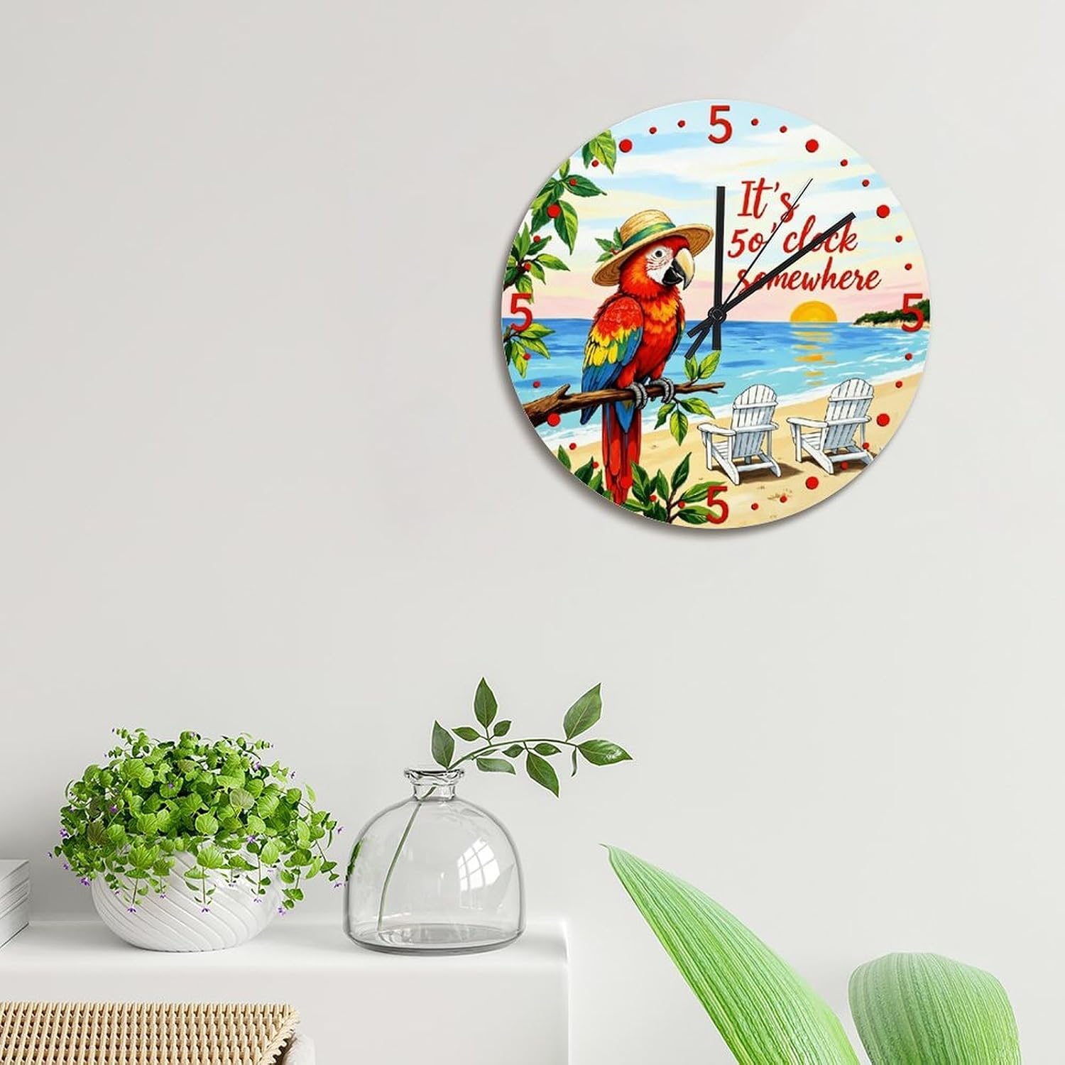 ArogGeld Parrot Tropical Beach 15 Inch Round Wall Clocks Battery Operated Silent Five O'Clock Somewhere Analog Clock Modern Wall Art Farmhouse Home Decor for Home Kitchen Office School Bathroom image 4