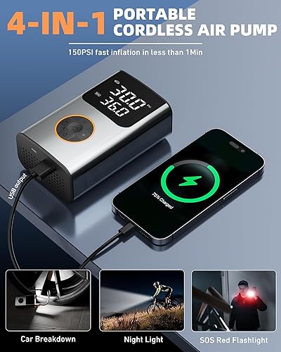 Miniatura 6 de Inflador de neumáticos, compresor de aire portátil, bomba de bicicleta, bomba de aire de 150 PSI para neumáticos de automóvil con pantalla LCD dual