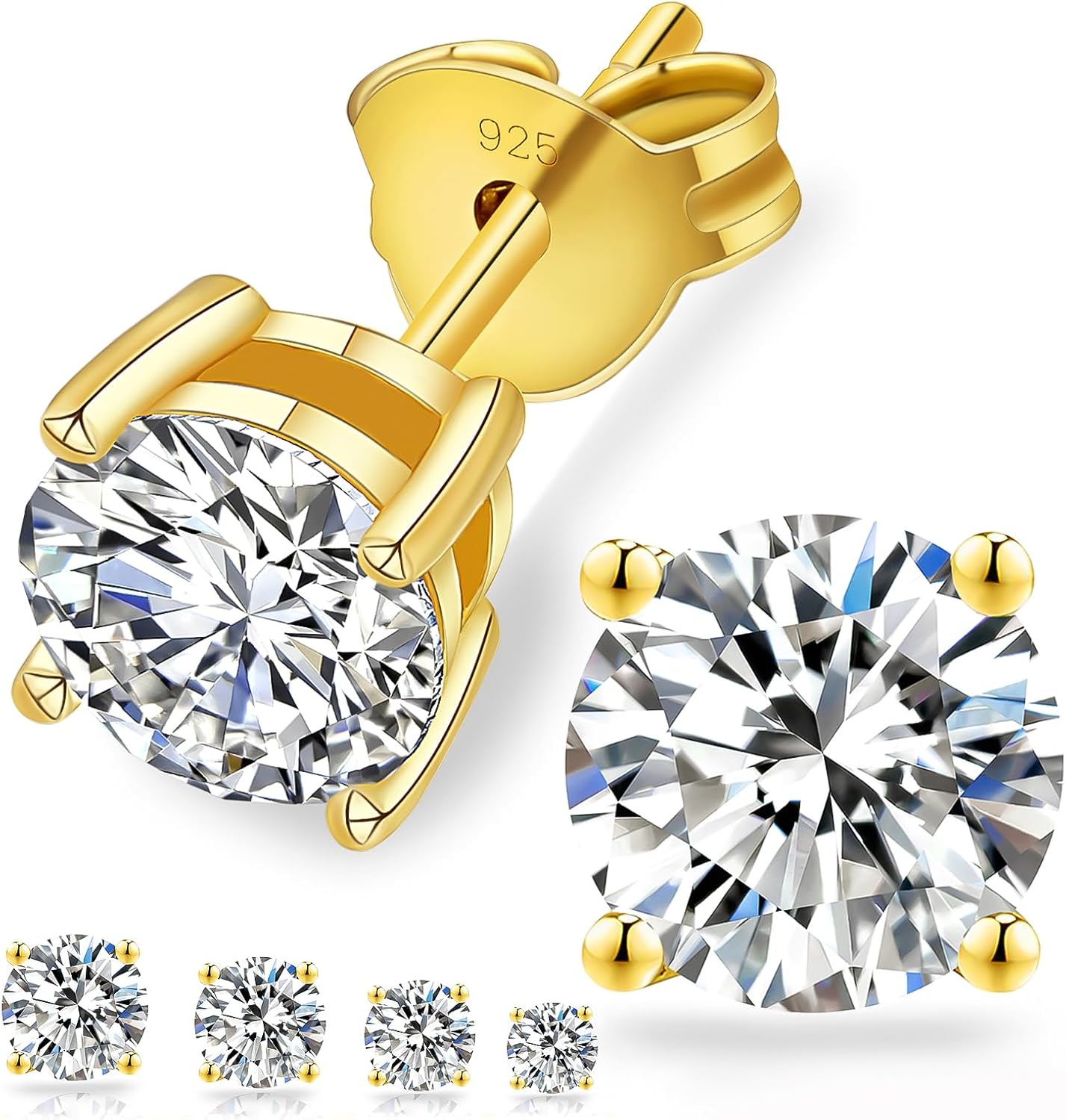 KRKC&CO Moissanite Stud Earrings, 14K Gold/White Gold/Black Plated Earrings, Valentine's Day Gift 1CT-2CT D-Color VVS1, Brilliant Cut Big Diamond Silver Earring, Simple Earrings for Men