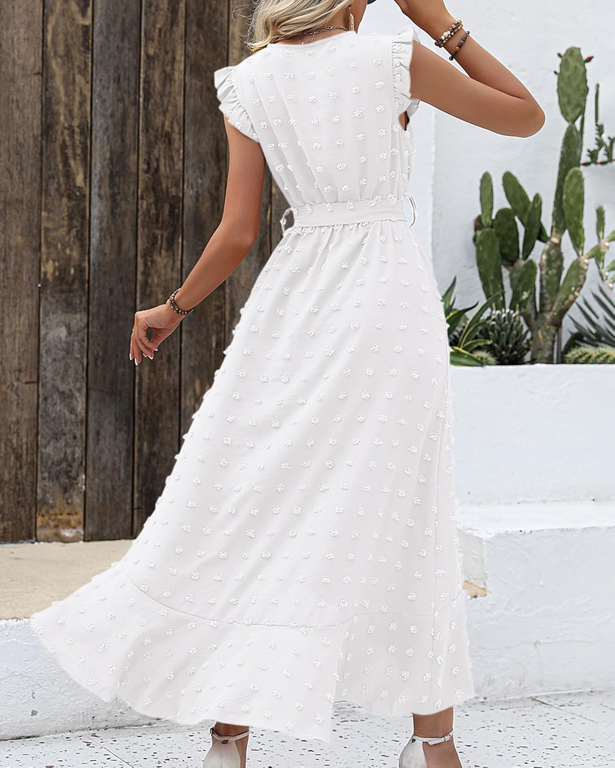 BTFBM Boho Dresses for Women 2026 Spring Fashion Cap Sleeve Swiss Dot Flowy Ruffle Beach Wedding Cocktail Maxi Dress - Image 4