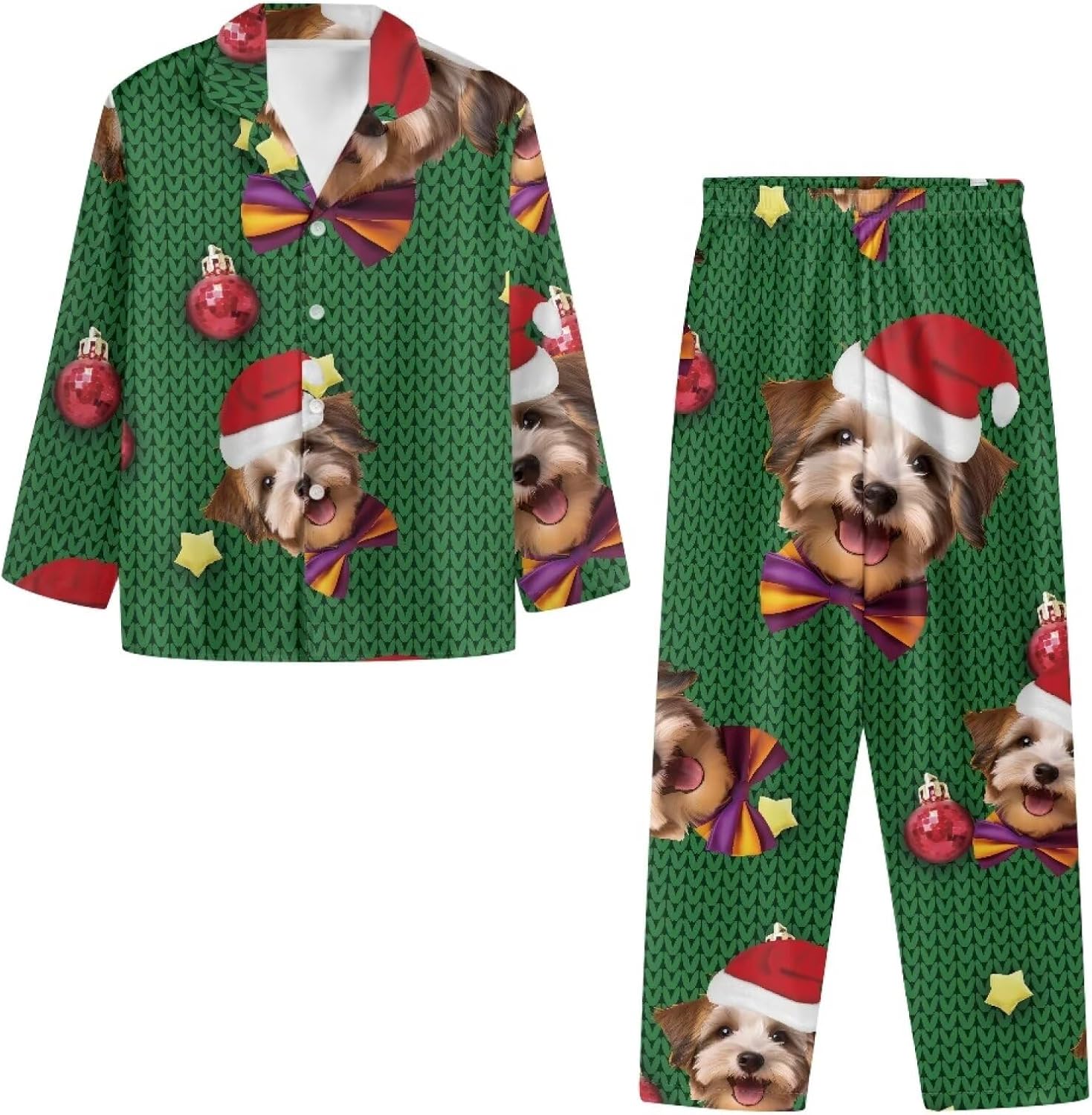 AmzPrint Men's Pajama Set Long Sleeve Button Down Fun Christmas Tree Snowmen Print Pink Christmas Pajamas Pants Men