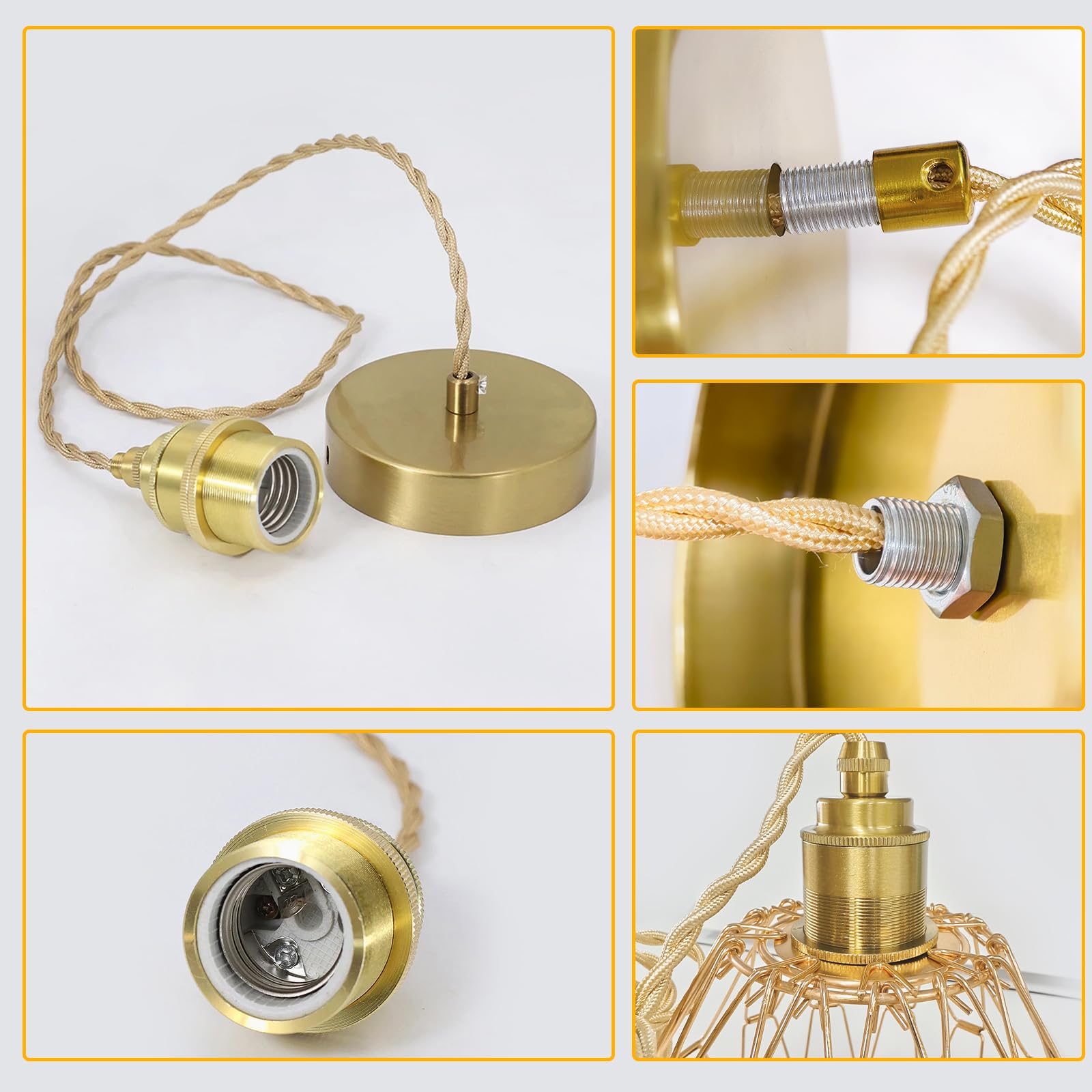 2 Piezas Soporte de Techo Lámpara E27 Metal Para Lámparas Colgante con Cable Ajustable 150cm Dorado Iluminación Colgante con Anillo Roscado Compatible Pantalla