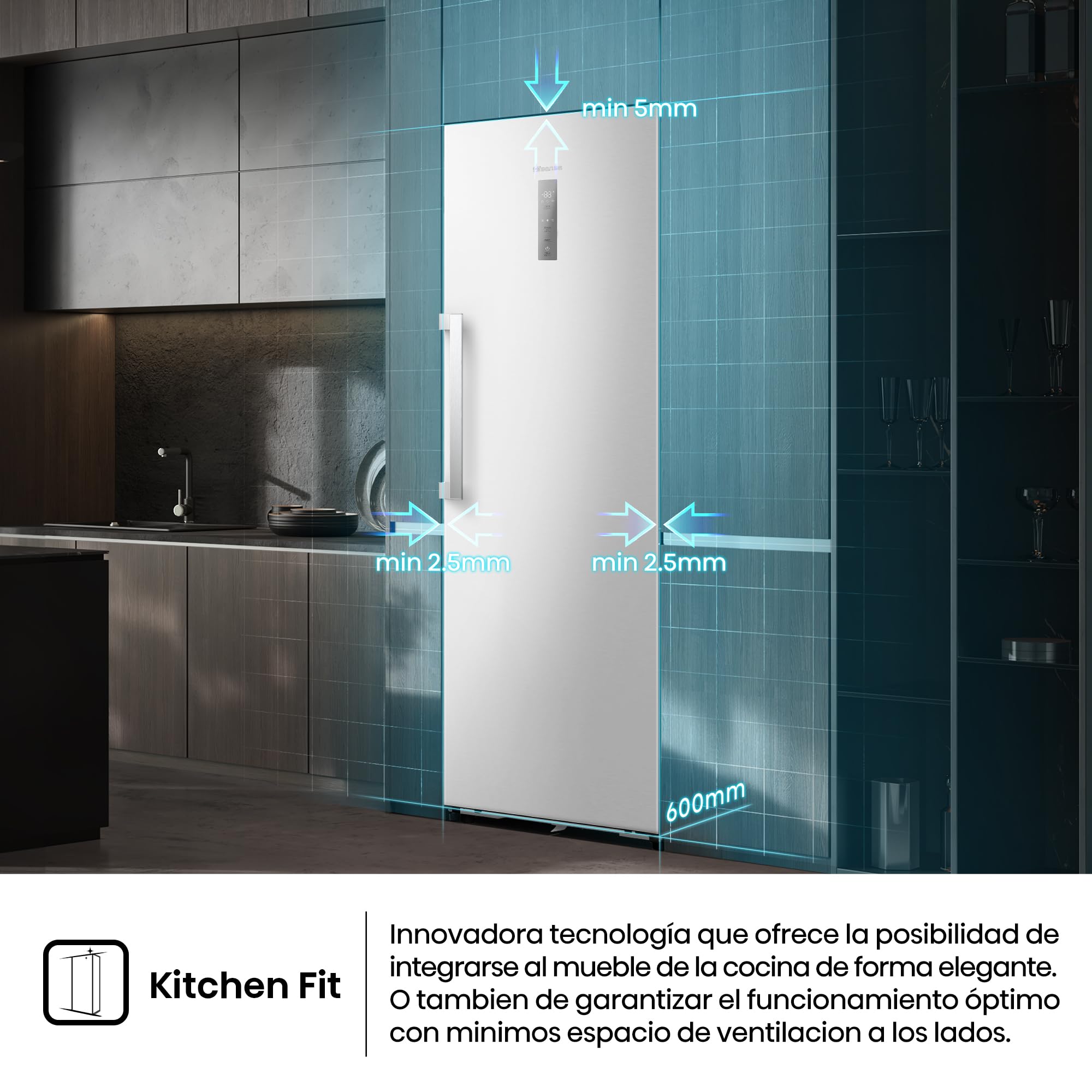 Hisense RL3K370SEWE1 - Frigorífico 1 puerta Total No Frost, Kitchen Fit, 372L, Alto 186cm x Ancho 60cm, Clase E, Ventilación Inferior, Apertura de Puerta 90º - Color Blanco