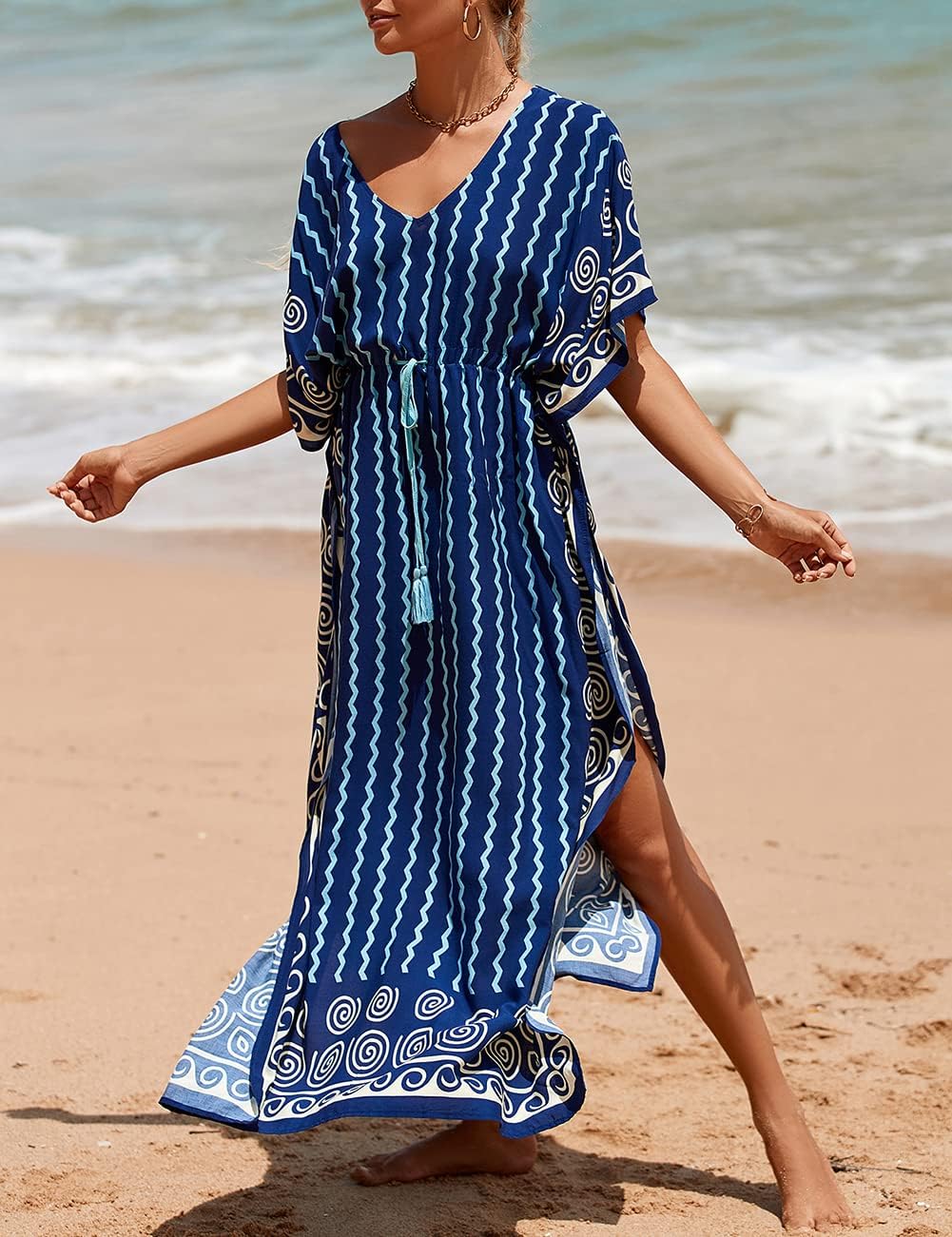 Bsubseach Kaftan Dresses for Women Plus Size Swimsuit Cover Up Long Caftan Dress with Waist Drawstring - Image 4