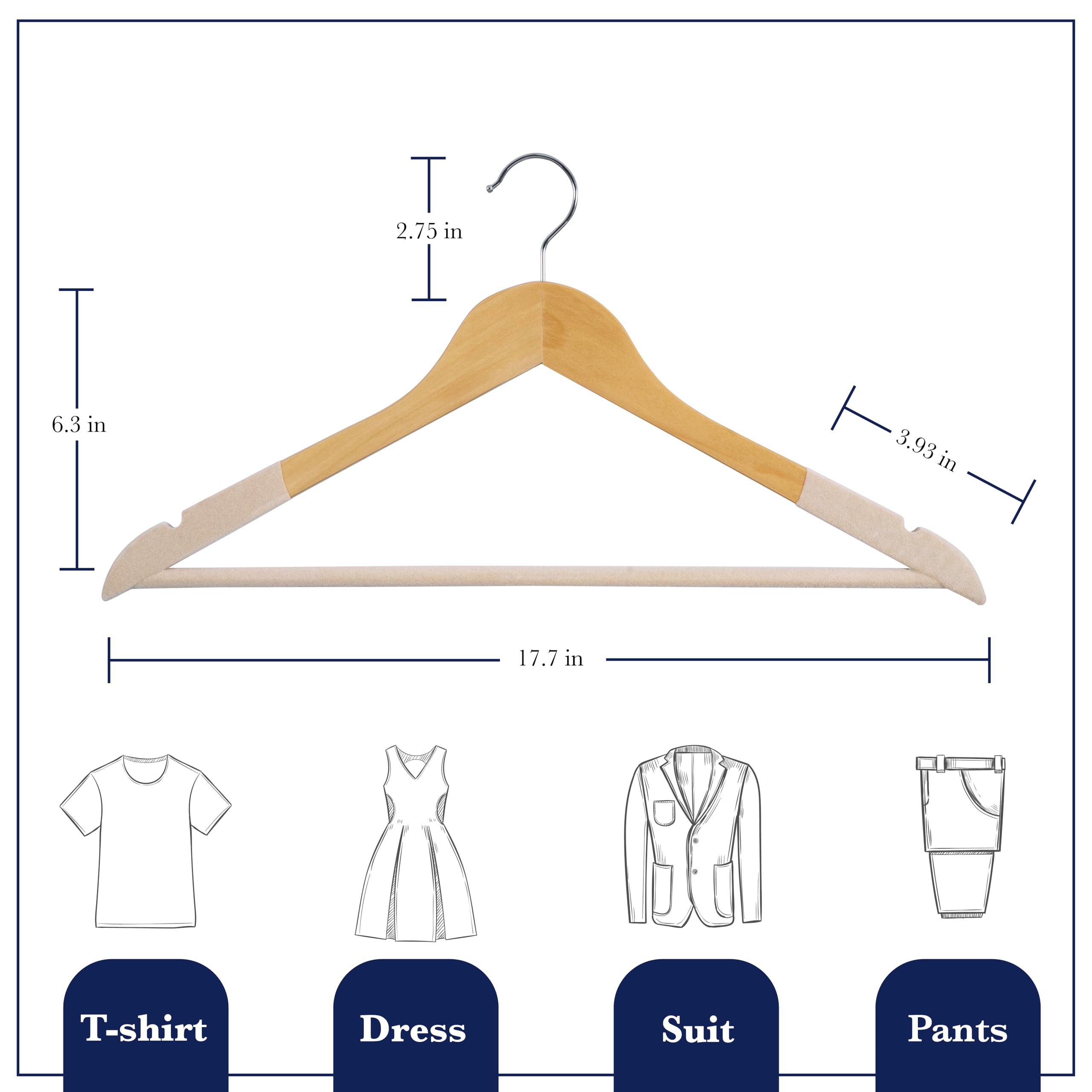 Grucce in legno di alta qualità, antiscivolo, in velluto, confezione da 20 grucce in legno, resistenti per abiti, cappotti, giacche e pantaloni, colore beige