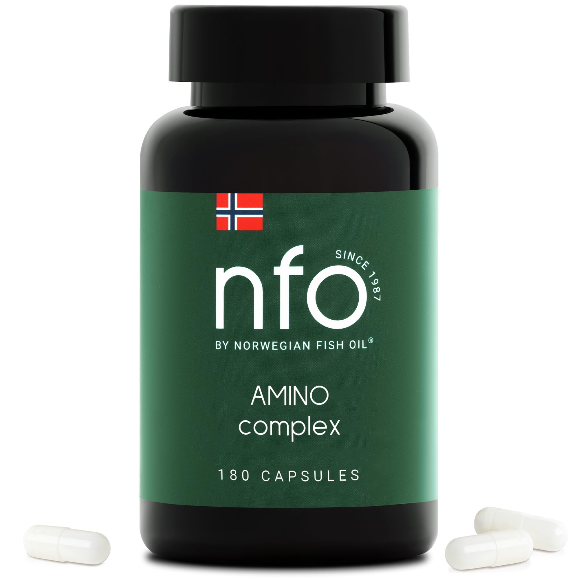 NFO AMINO СOMPLEX [180 Kapseln] Natürlicher bioaktiver Aminosäuren Komplex Hochdosiert aus einer natürlichen pflanzlichen Quelle – Bierhefe (Hordeum Vulgare), Hergestellt in Norwegen