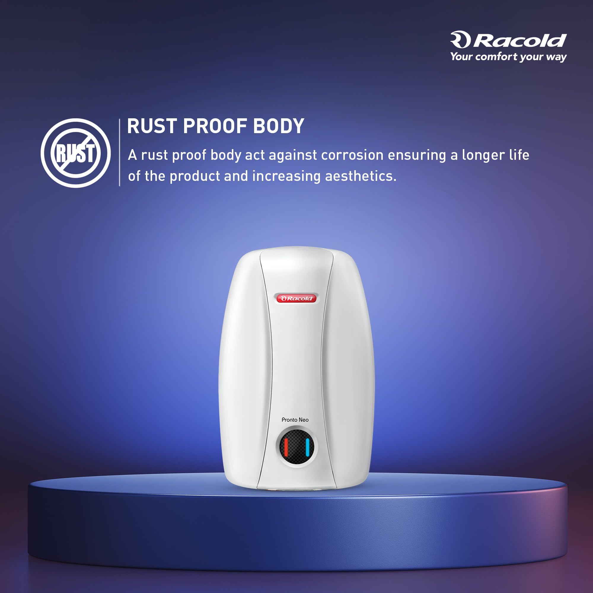 Racold Pronto Neo 1L 3Kw Vertical Instant Water Heater(Geyser), White | Faster Heating | Italian Design |Suitable for High Rise Buildings |3 Levels of Safety | Rust Proof Body | Fire Retardant Cable 3