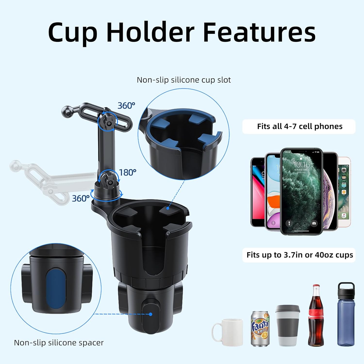 Cup Phone Holder for Car, Universal [No Shaking] Cup Holder Phone Mount with Expandable Base for Car Truck, Adjustable Neck,Compatible with iPhone Samsung Most Smartphones and Drink Bottles