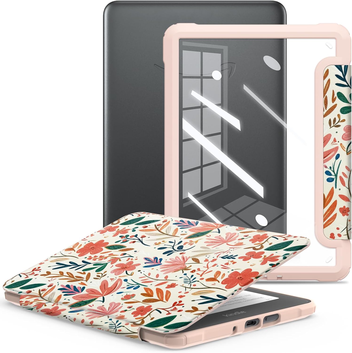 E NET-CASE Case for Kindle Paperwhite 12th Gen 2024 Released (7″) & Kindle Colorsoft Signature Edition,Clear Back Shell Durable PU Leather Cover with Auto Sleep Wake,Summer Flower