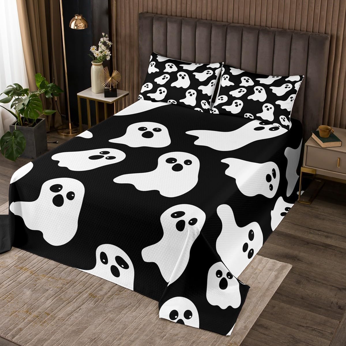 Cute Ghost Bedspread Twin Size,Cartoon Halloween Bedding Sets 2Pcs for Kids Girls Boys Room Decor,Purple White Stripe Comforter Set Funny Kawaii Quilt Coverlet,1 Pillowcase