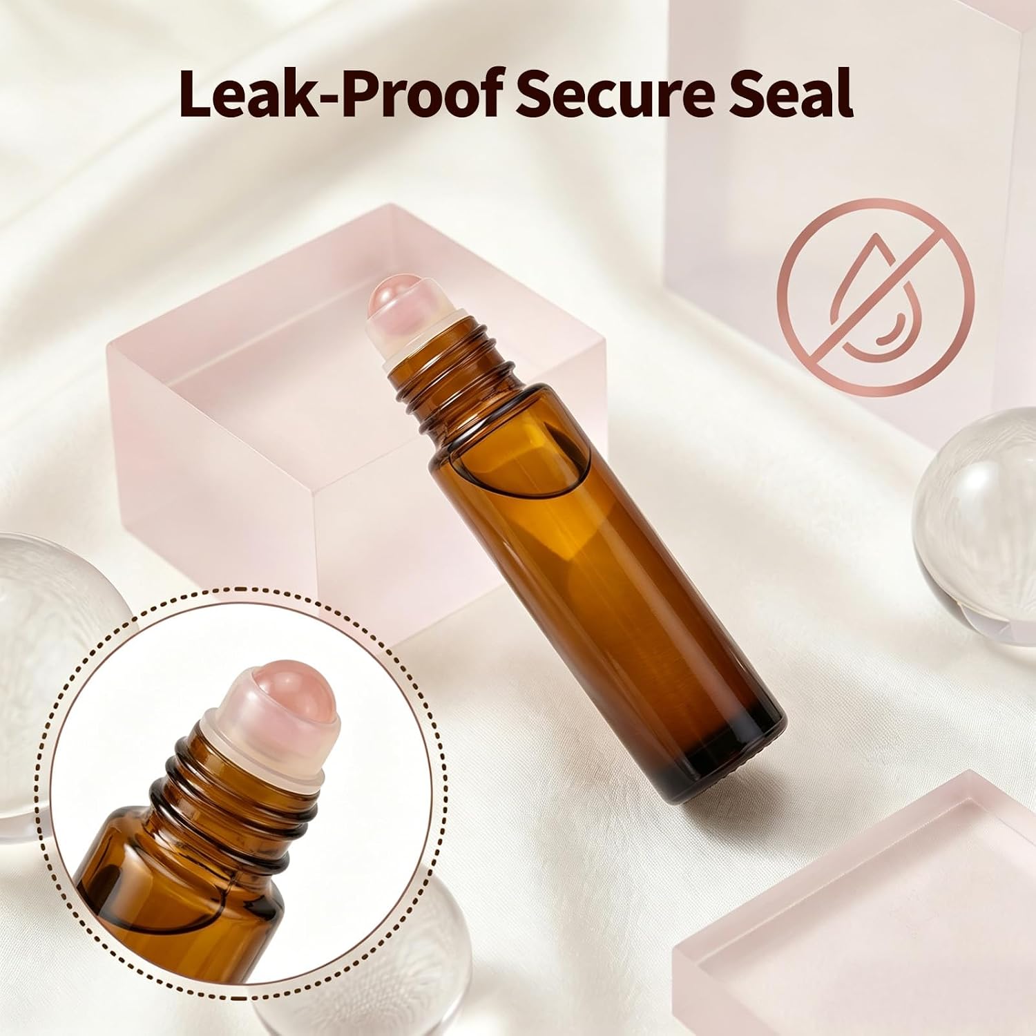 16 Pack Rose Quartz Roller Bottles for Essential Oils Set, 10ml Refillable Amber Glass Roll Applicators with Natural Crystal Roller Balls, Leak-proof Travel