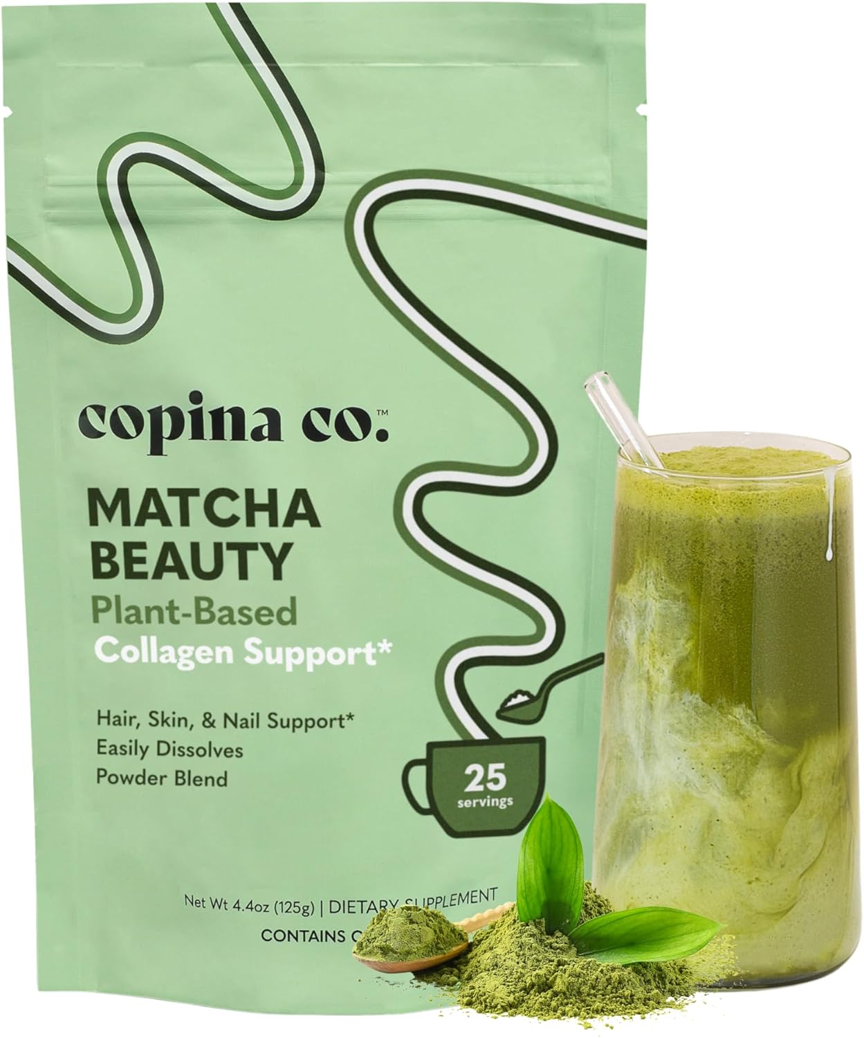 Copina Co. Matcha Beauty Vegan Collagen Booster Drink Blend: Plant Based Collagen Support Smoothie Drink Vegan Creamy Blend | Matcha Flavor | 1 Bag - 25 Servings per Bag