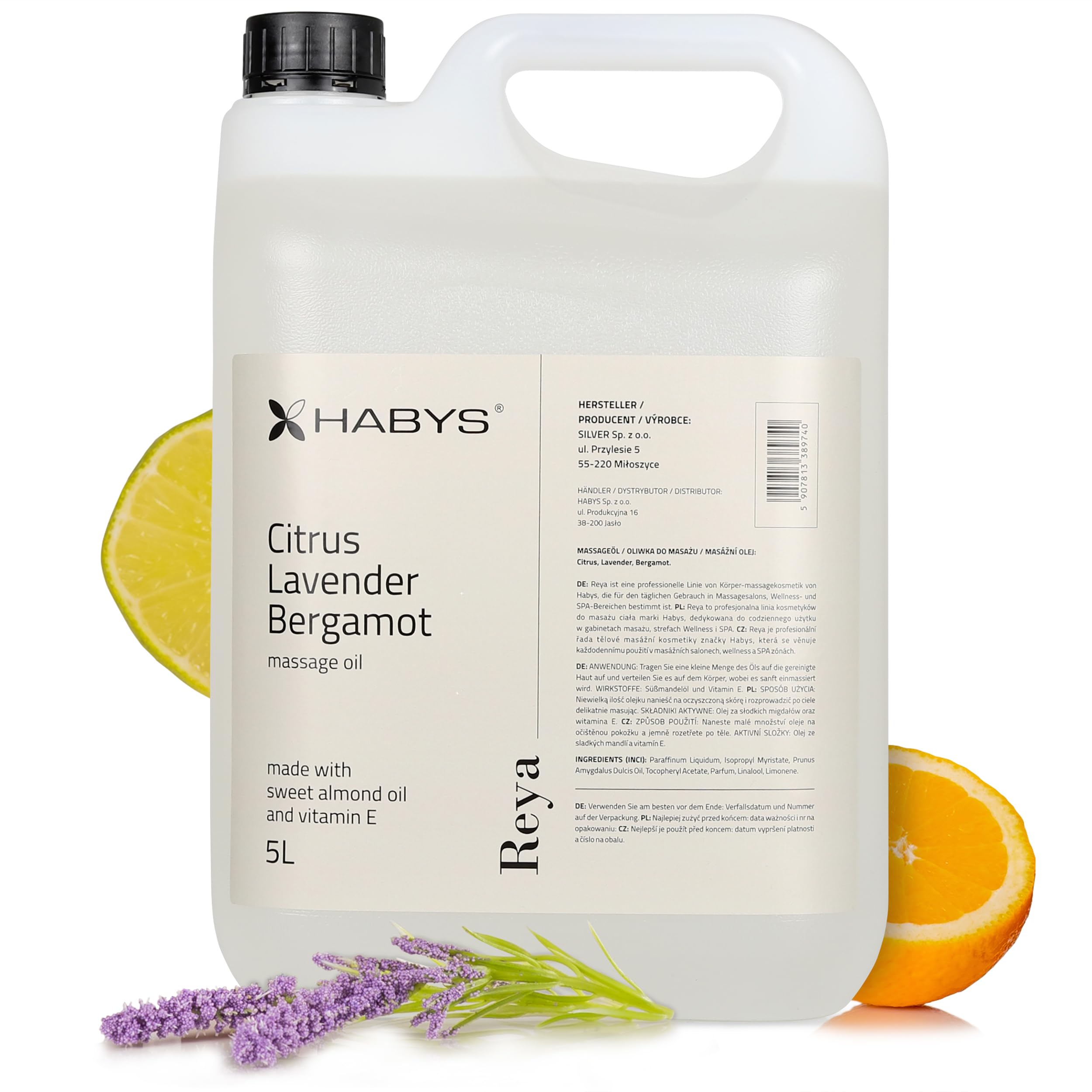 Massageöl Lavendel, Citrus und Bergamot mit Mandelöl Massage Öl 5L | Spa Massageöl Öl mit Vitamin E, B, A und D, Massage oil für Massage Therapie, Professionelle und Heimanwendungen