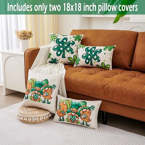Miniatura 5 de CARRIE HOME Juego de 2 fundas de almohada de gnomo del día de San Patricio de 18 x 18 pulgadas fundas de almohada verdes de trébol de la suerte para