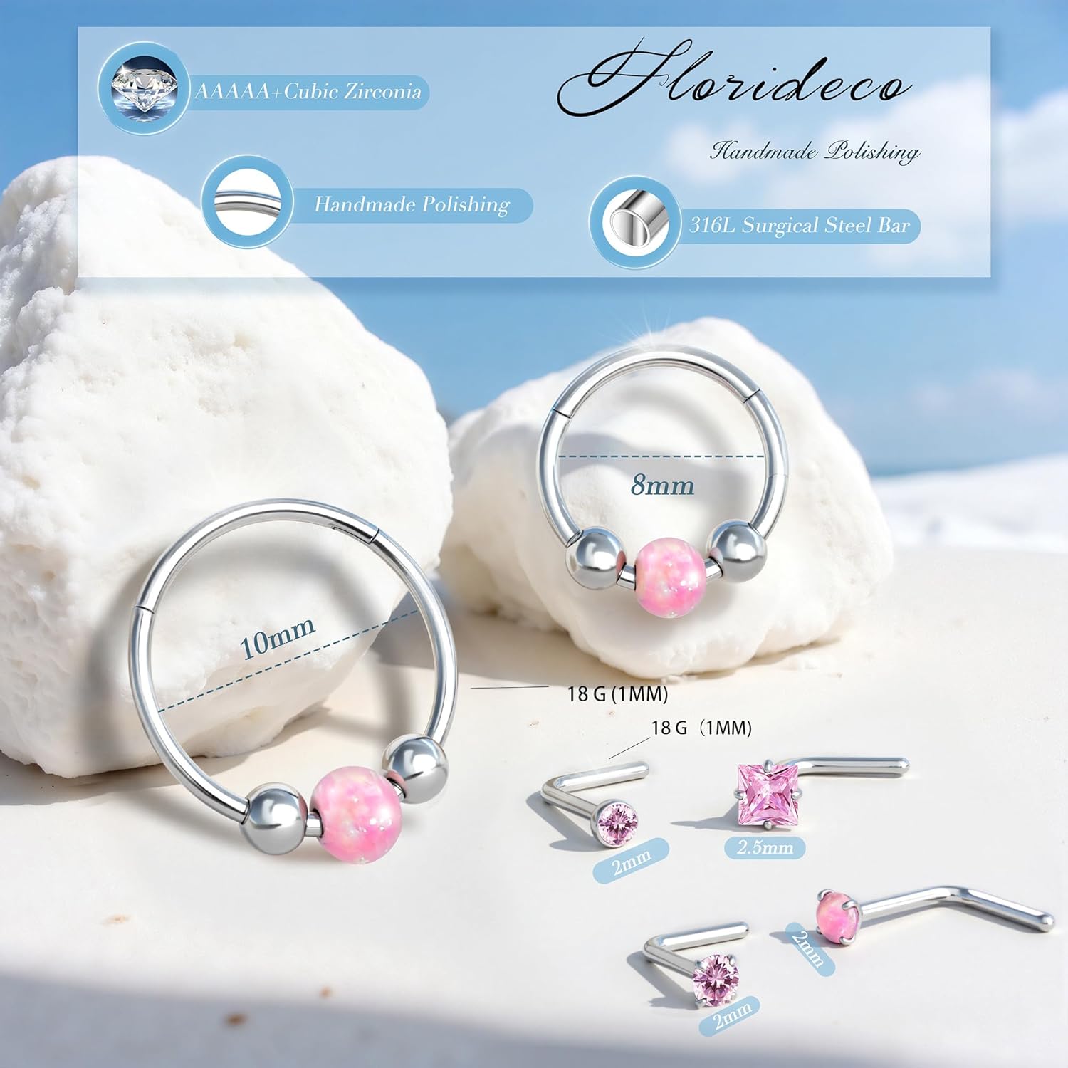 Florideco 6PCS Nose Rings for Women 8mm& 10mm Surgical Steel Nose Ring Hoop L Shaped Nose Rings Studs Hypoallergenic Nostril Septum Cartilage Helix Nose Piercing Jewelry 18G 20G - Image 2